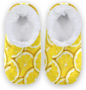 Vintage Yellow Lemons Leaves Fuzzy Memory Foam Closed Back Slippers for Women Men Knit Fleece Lined House Shoes with Anti-Skid Sole Warm Socks for Indoor Outdoor Bedroom Hotel