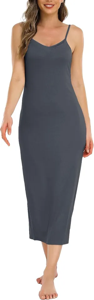 Vlazom Long Slip Dress for Women, Basic Adjustable Spaghetti Straps Cami Slip Dress Soft V Neck Nightgown Under Dresses