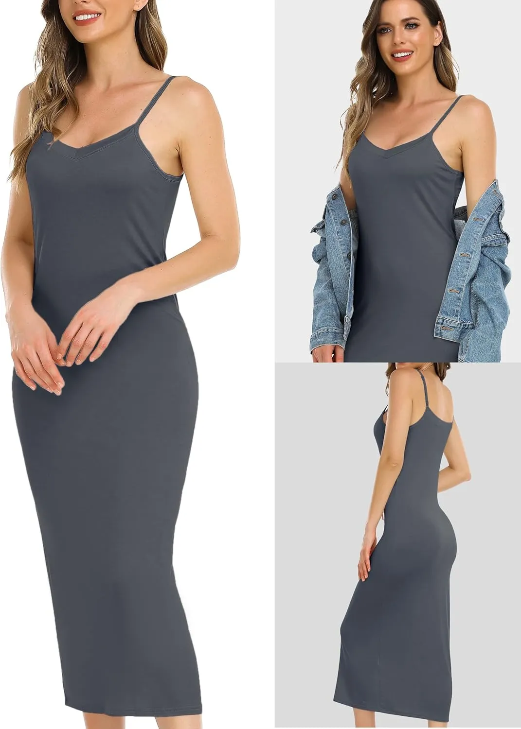 Vlazom Long Slip Dress for Women, Basic Adjustable Spaghetti Straps Cami Slip Dress Soft V Neck Nightgown Under Dresses