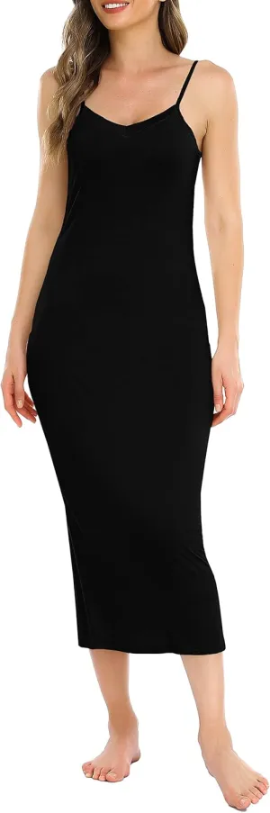 Vlazom Long Slip Dress for Women, Basic Adjustable Spaghetti Straps Cami Slip Dress Soft V Neck Nightgown Under Dresses