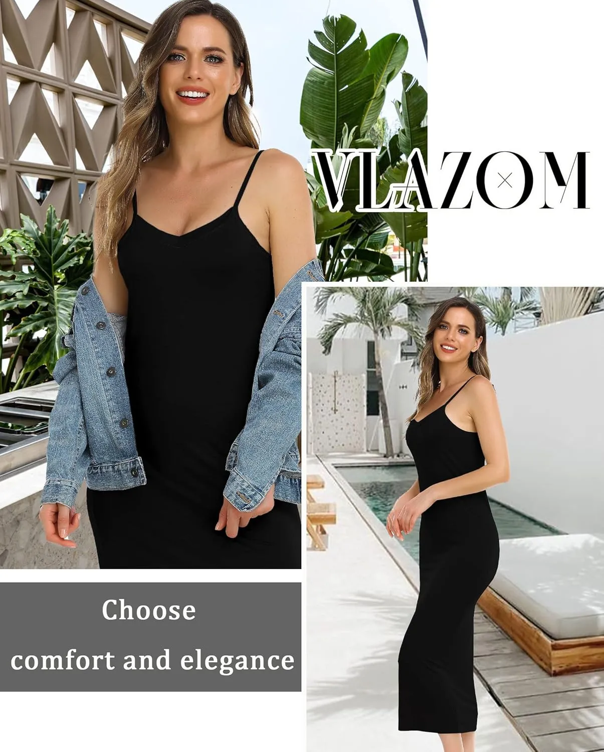 Vlazom Long Slip Dress for Women, Basic Adjustable Spaghetti Straps Cami Slip Dress Soft V Neck Nightgown Under Dresses