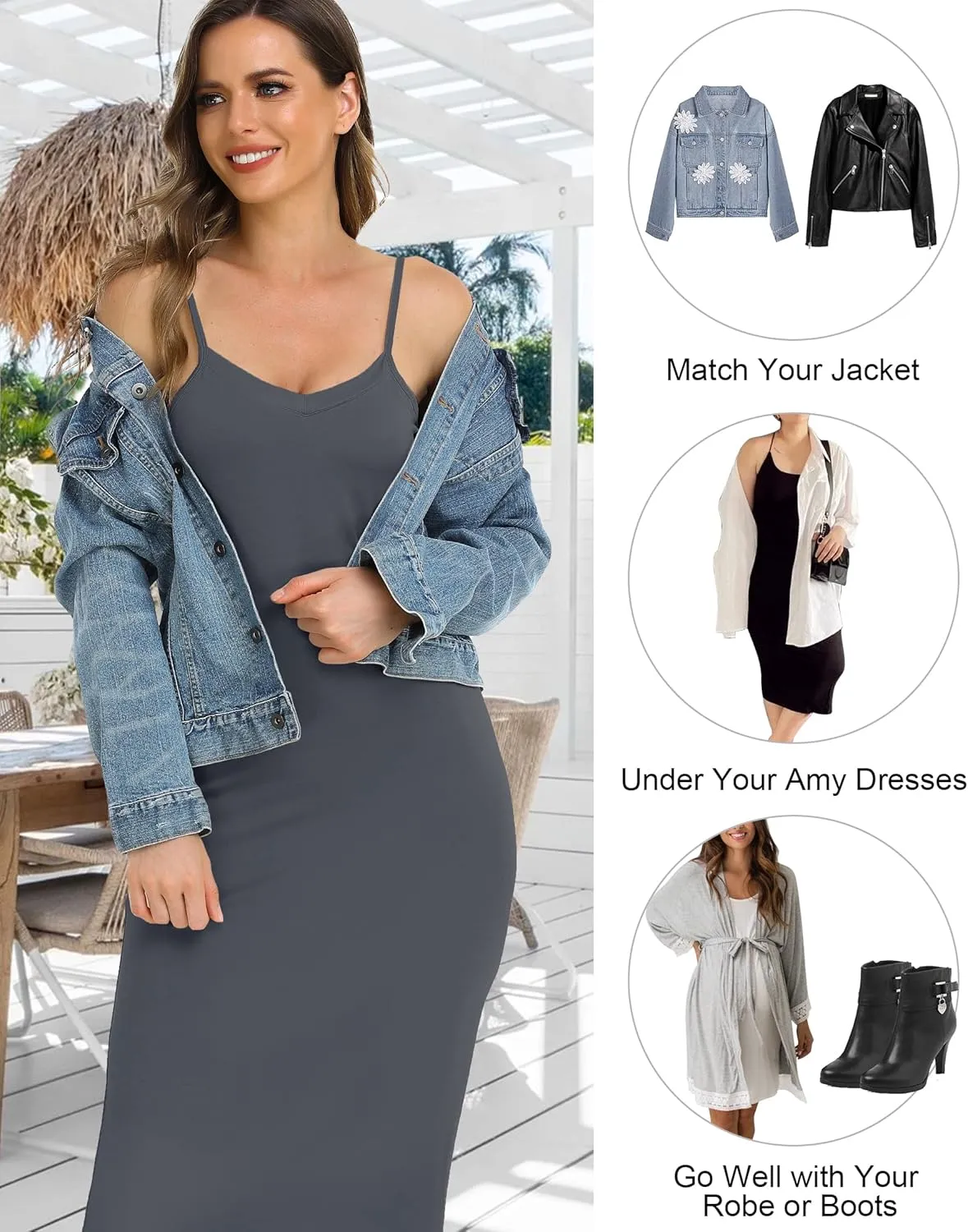 Vlazom Long Slip Dress for Women, Basic Adjustable Spaghetti Straps Cami Slip Dress Soft V Neck Nightgown Under Dresses
