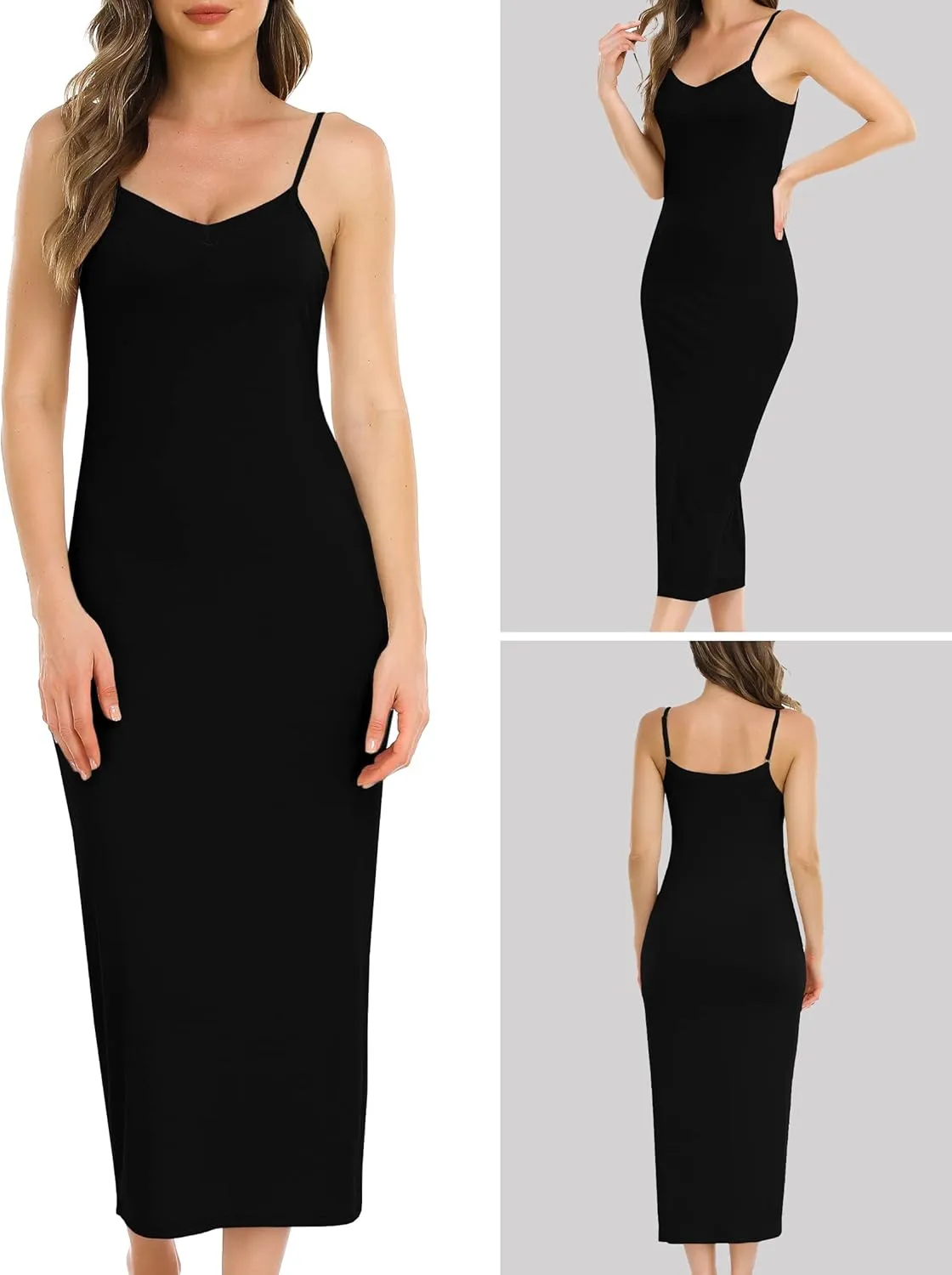 Vlazom Long Slip Dress for Women, Basic Adjustable Spaghetti Straps Cami Slip Dress Soft V Neck Nightgown Under Dresses