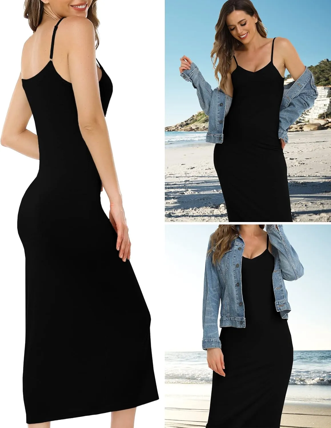 Vlazom Long Slip Dress for Women, Basic Adjustable Spaghetti Straps Cami Slip Dress Soft V Neck Nightgown Under Dresses