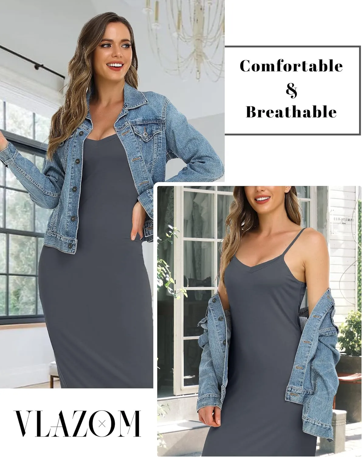 Vlazom Long Slip Dress for Women, Basic Adjustable Spaghetti Straps Cami Slip Dress Soft V Neck Nightgown Under Dresses