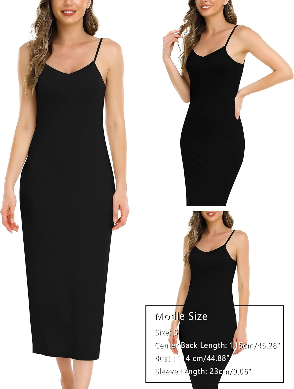Vlazom Long Slip Dress for Women, Basic Adjustable Spaghetti Straps Cami Slip Dress Soft V Neck Nightgown Under Dresses