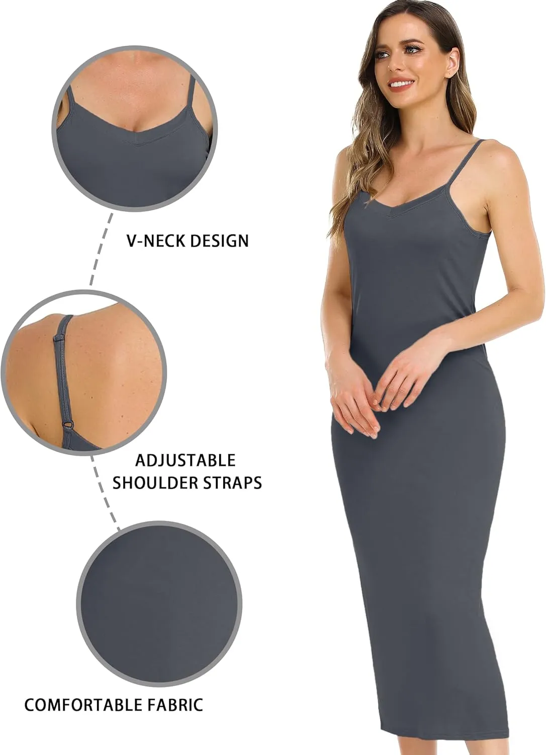 Vlazom Long Slip Dress for Women, Basic Adjustable Spaghetti Straps Cami Slip Dress Soft V Neck Nightgown Under Dresses