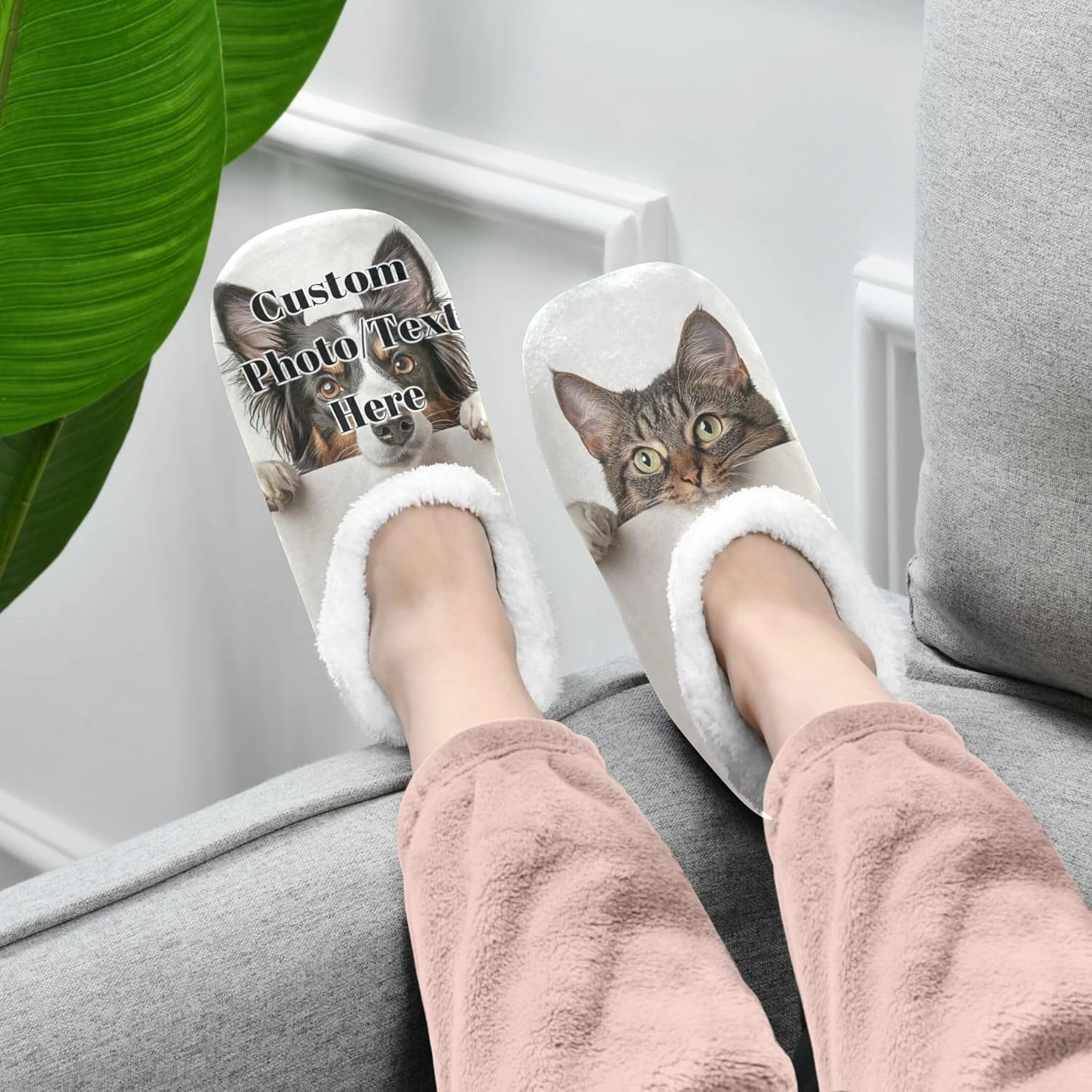 Vnurnrn Custom Photo Name Christmas Winter House Slippers Personalized Indoor Fuzzy Feet Slippers Cozy Home Shoes Slippers