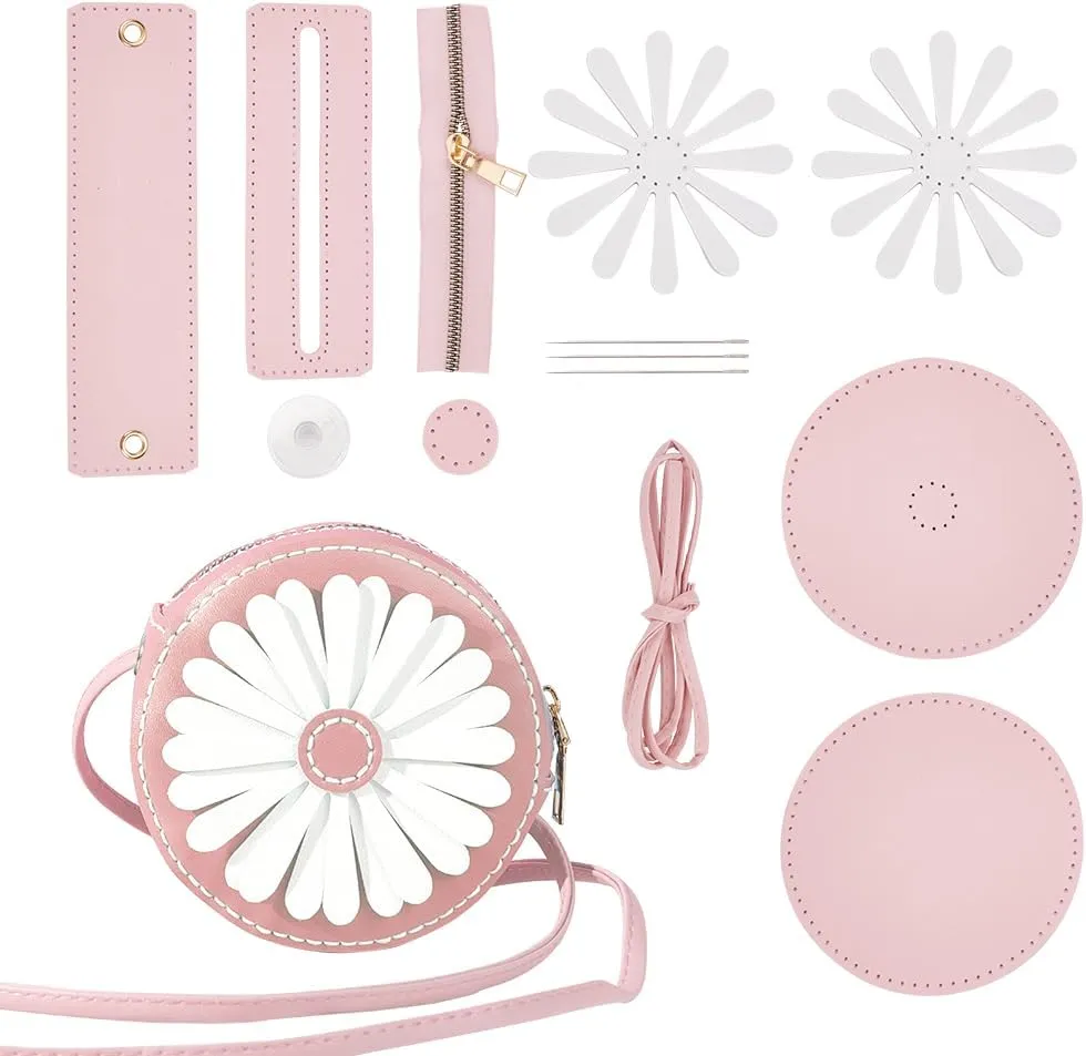 WADORN DIY Purse Sewing Kit, DIY Crafts Lovely Shoulder Bag Sewing Materials Cute Flower Sewing Pattern Sewing Round Bag Kit for Handmade Purse Making Accessories Birthday Gift, Pink