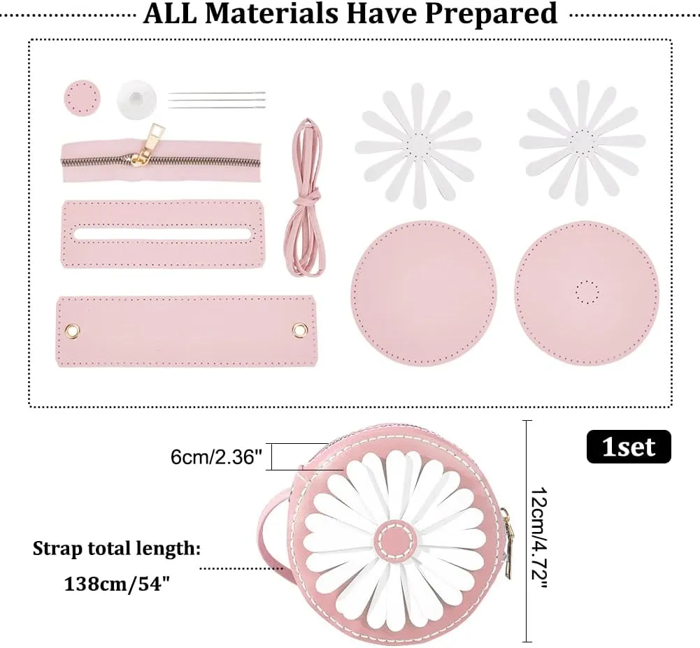 WADORN DIY Purse Sewing Kit, DIY Crafts Lovely Shoulder Bag Sewing Materials Cute Flower Sewing Pattern Sewing Round Bag Kit for Handmade Purse Making Accessories Birthday Gift, Pink