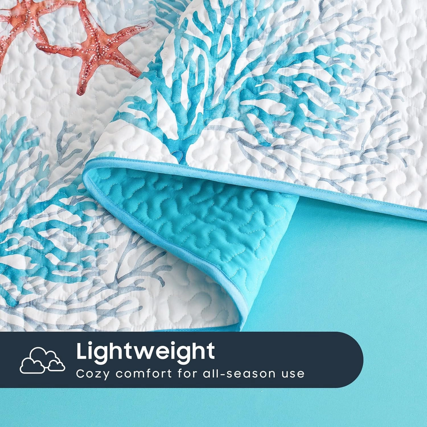 Wake In Cloud - Coastal Quilt Set, Nautical Ocean Beach Themed Tropical Summer Patterned, Reversible Lightweight Bedspread Coverlet, 3 Pieces, Aqua Blue Coral, King Size