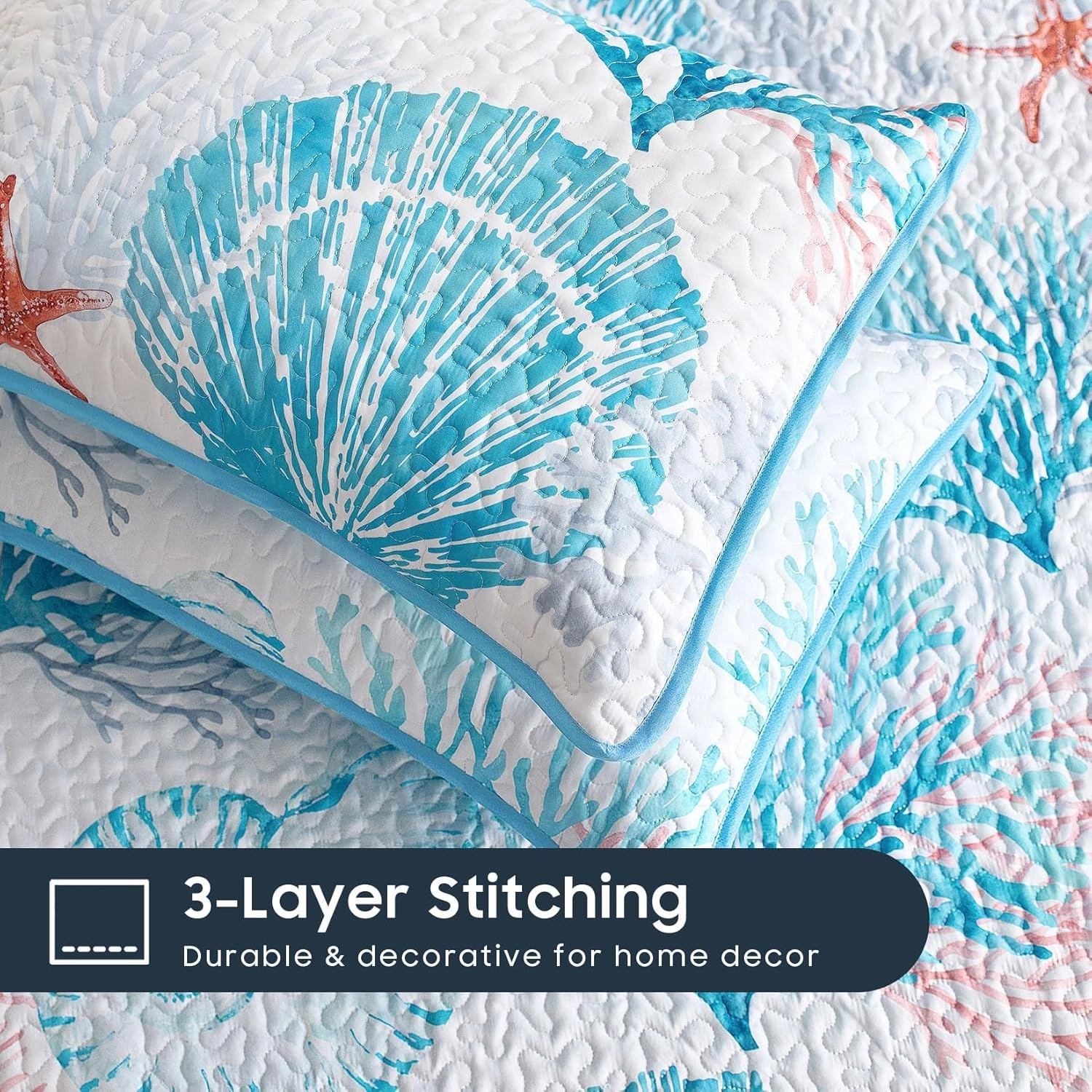 Wake In Cloud - Coastal Quilt Set, Nautical Ocean Beach Themed Tropical Summer Patterned, Reversible Lightweight Bedspread Coverlet, 3 Pieces, Aqua Blue Coral, King Size