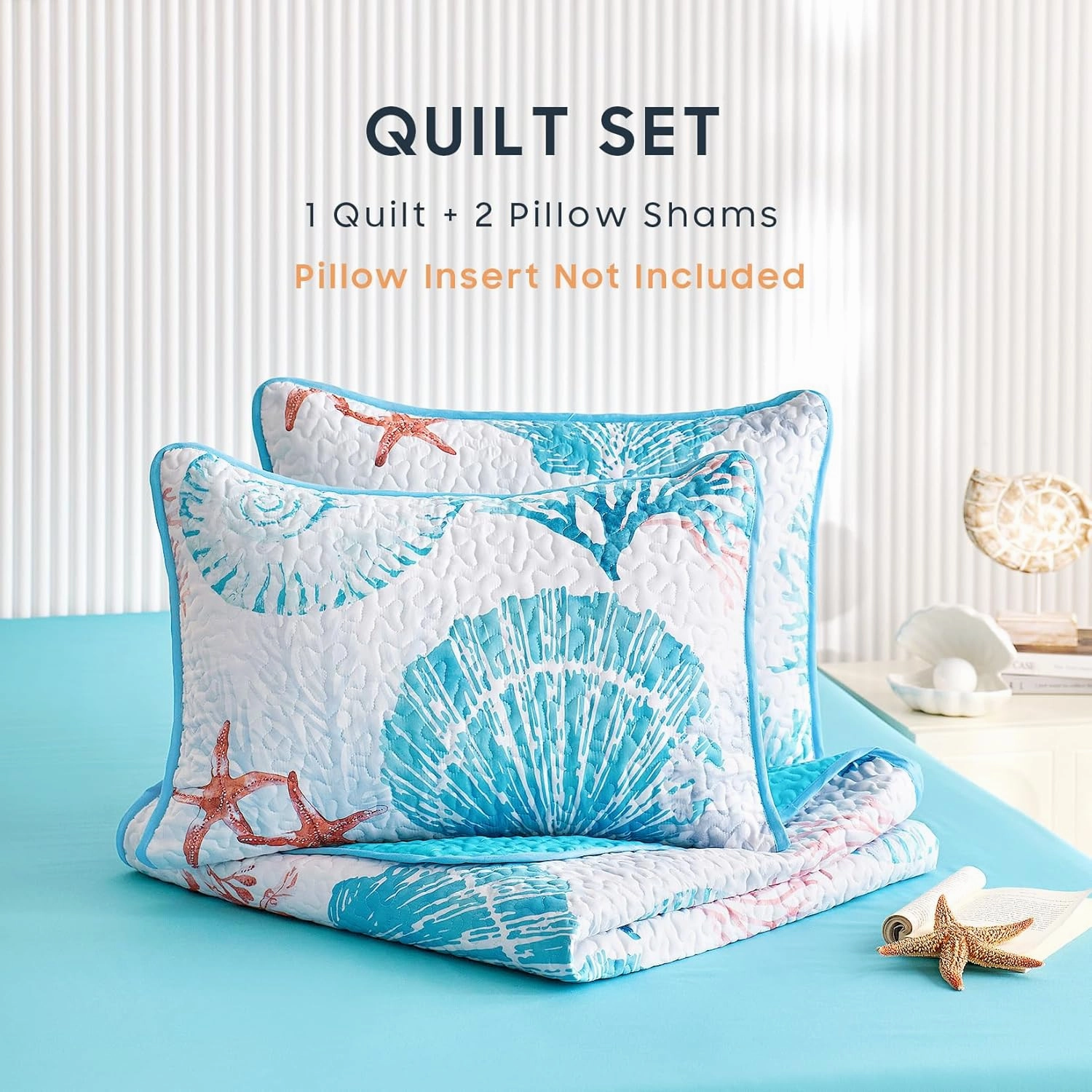 Wake In Cloud - Coastal Quilt Set, Nautical Ocean Beach Themed Tropical Summer Patterned, Reversible Lightweight Bedspread Coverlet, 3 Pieces, Aqua Blue Coral, King Size