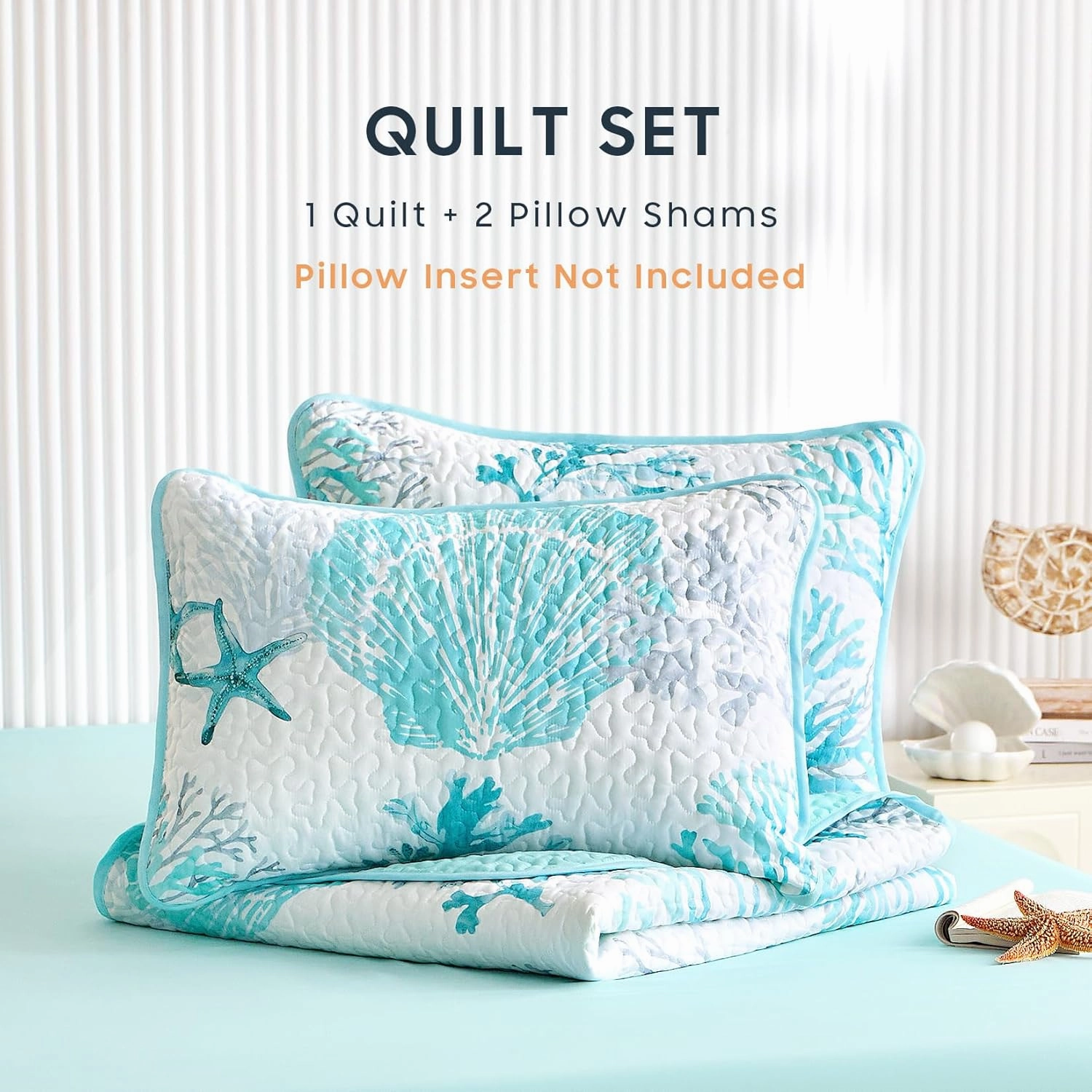 Wake In Cloud - Coastal Quilt Set, Nautical Ocean Beach Themed Tropical Summer Patterned, Reversible Lightweight Bedspread Coverlet, 3 Pieces, Aqua Turquoise, Queen/Full Size