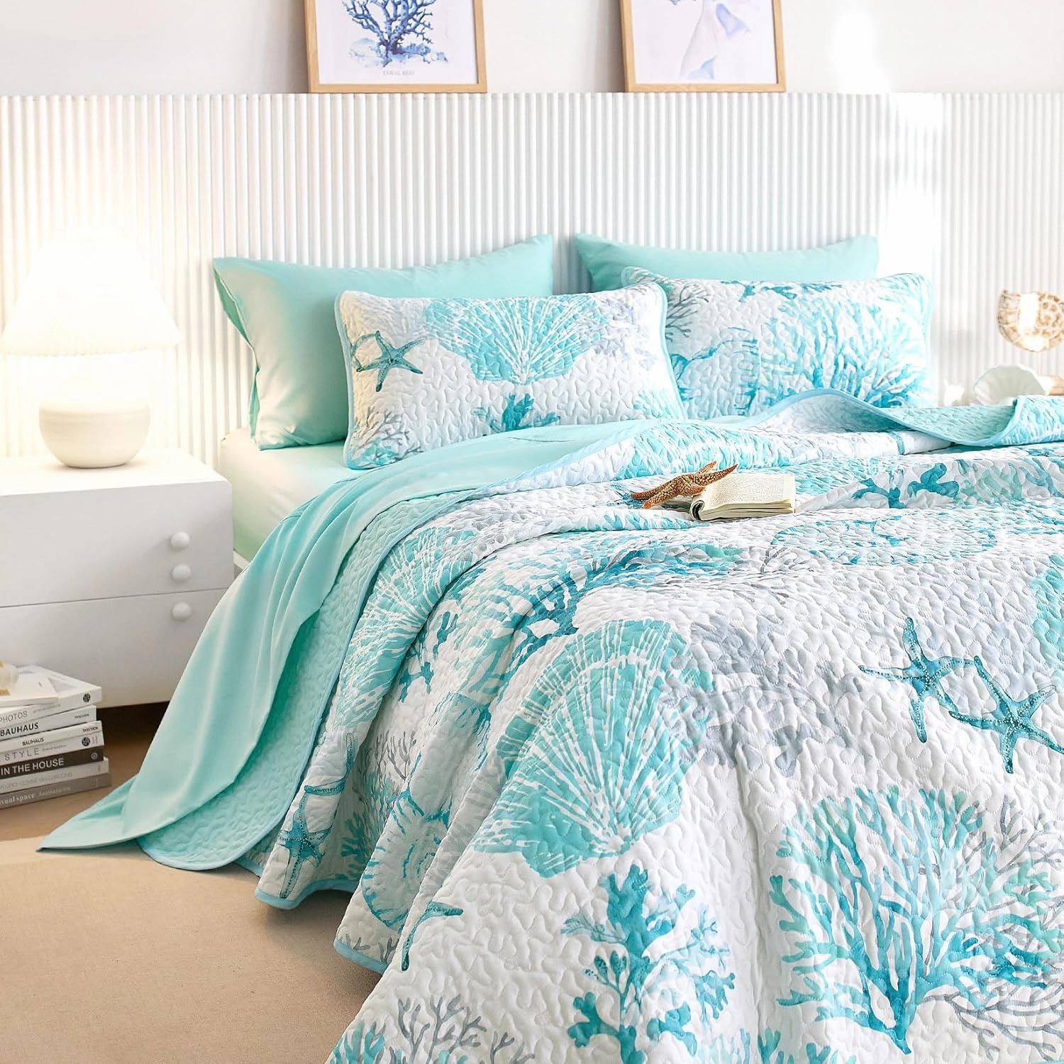 Wake In Cloud - Coastal Quilt Set, Nautical Ocean Beach Themed Tropical Summer Patterned, Reversible Lightweight Bedspread Coverlet, 3 Pieces, Aqua Turquoise, Queen/Full Size
