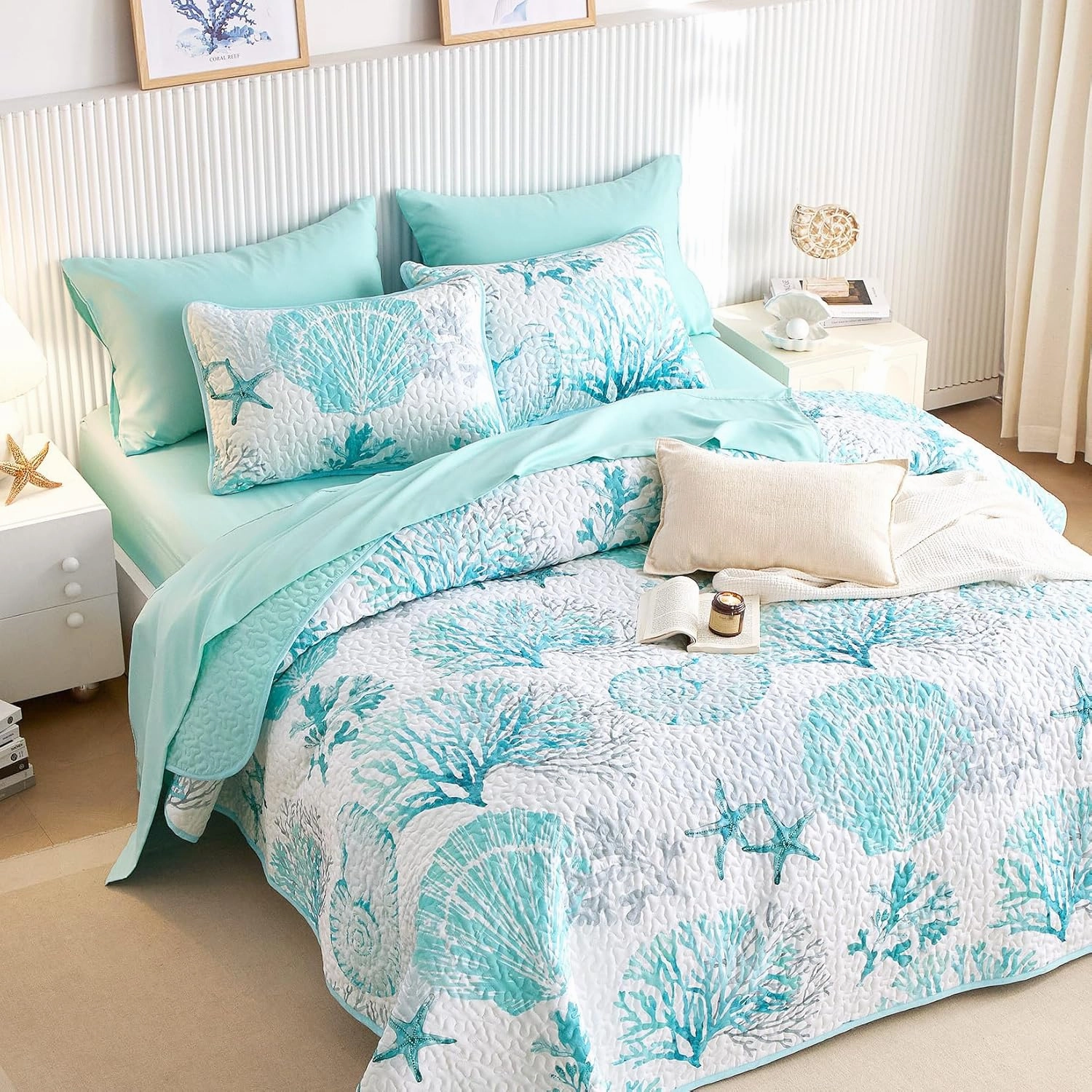 Wake In Cloud - Coastal Quilt Set, Nautical Ocean Beach Themed Tropical Summer Patterned, Reversible Lightweight Bedspread Coverlet, 3 Pieces, Aqua Turquoise, Queen/Full Size