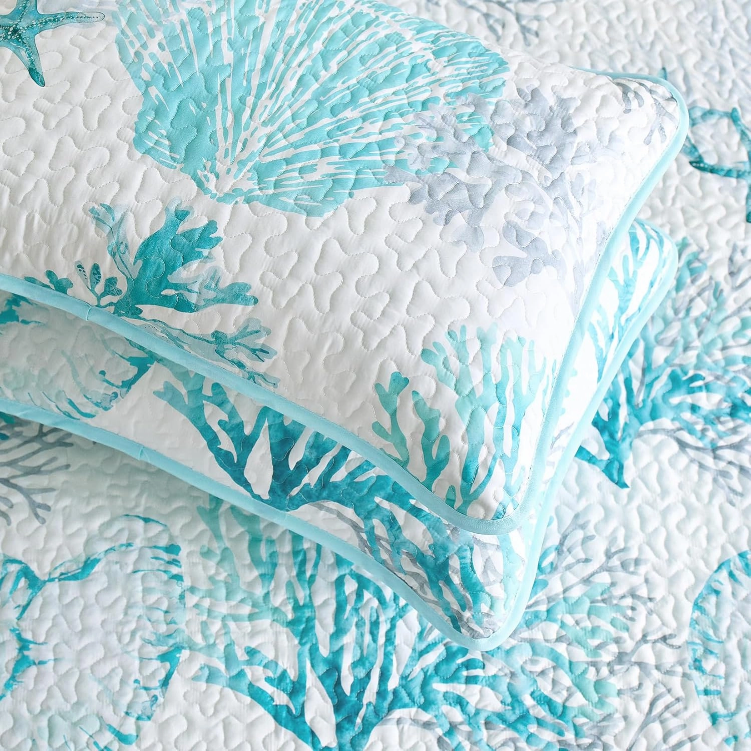Wake In Cloud - Coastal Quilt Set, Nautical Ocean Beach Themed Tropical Summer Patterned, Reversible Lightweight Bedspread Coverlet, 3 Pieces, Aqua Turquoise, Queen/Full Size