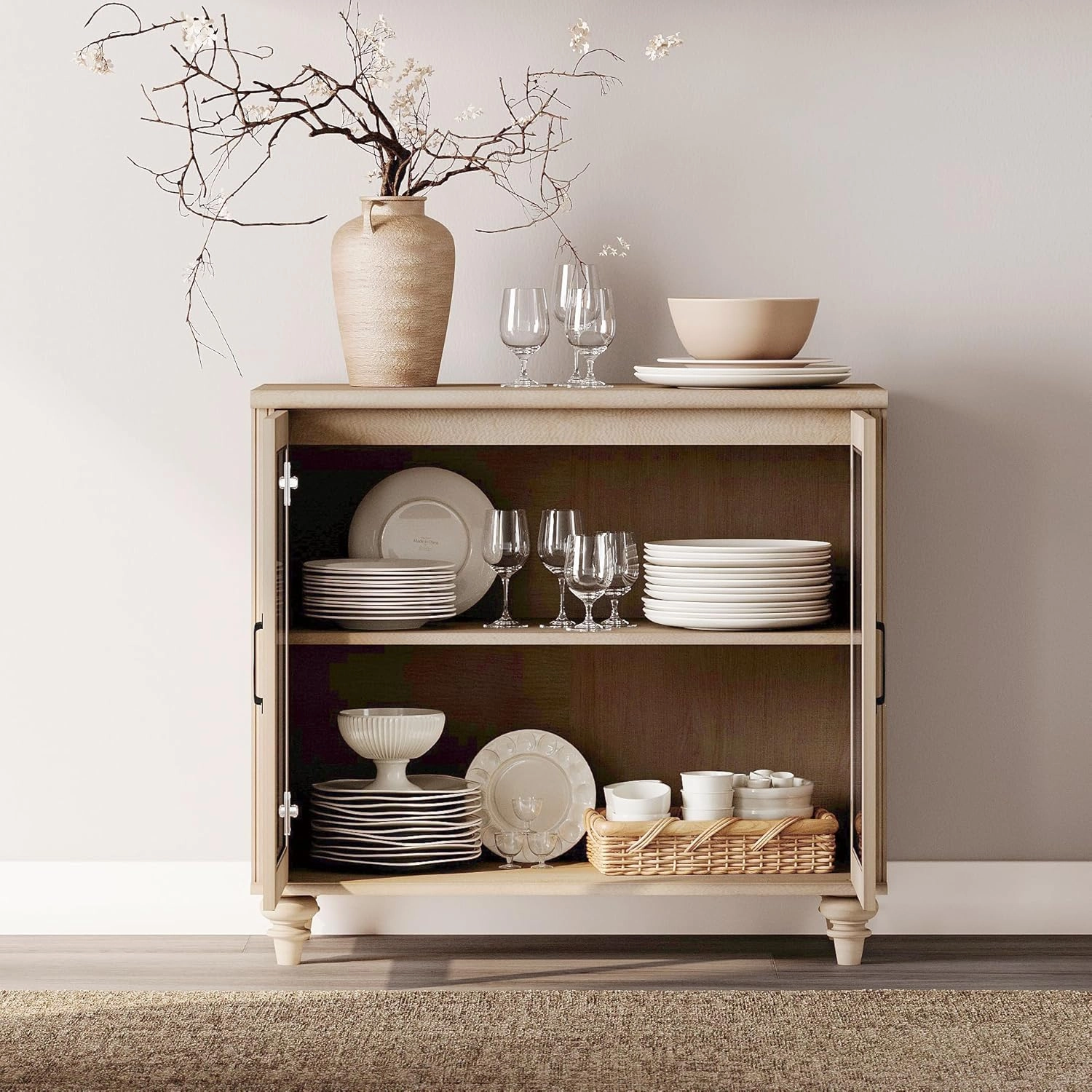WAMPAT Buffet Cabinet with 4 Glass Doors, Wood Kitchen Storage Cabinets Large Coffee Bar Table with Adjustable Shelf, Modern Farmhouse Sideboard Credenza for Dining Room, Beige, 68 inch