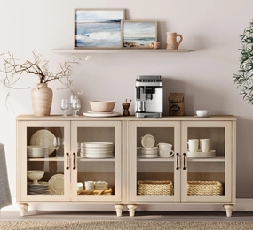 WAMPAT Buffet Cabinet with 4 Glass Doors, Wood Kitchen Storage Cabinets Large Coffee Bar Table with Adjustable Shelf, Modern Farmhouse Sideboard Credenza for Dining Room, Beige, 68 inch
