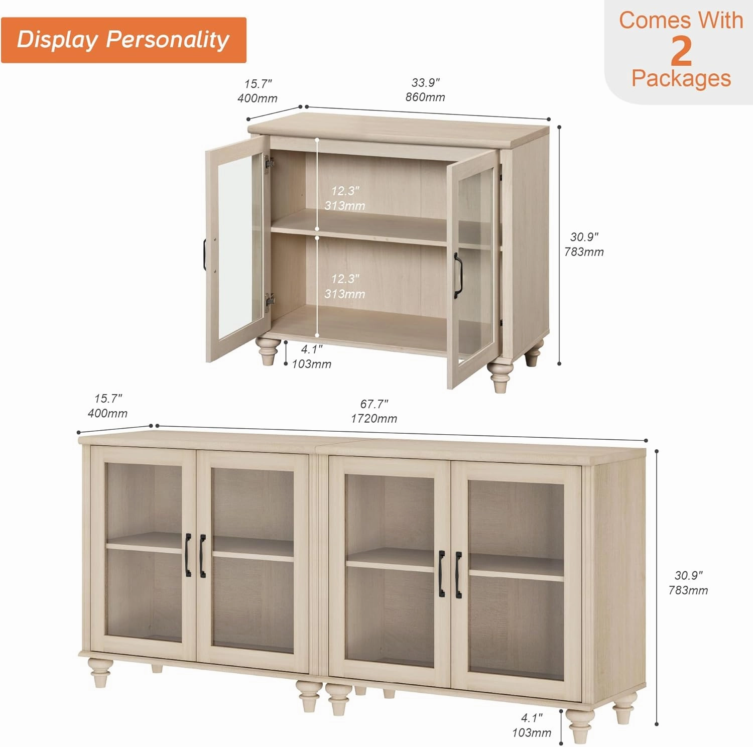WAMPAT Buffet Cabinet with 4 Glass Doors, Wood Kitchen Storage Cabinets Large Coffee Bar Table with Adjustable Shelf, Modern Farmhouse Sideboard Credenza for Dining Room, Beige, 68 inch