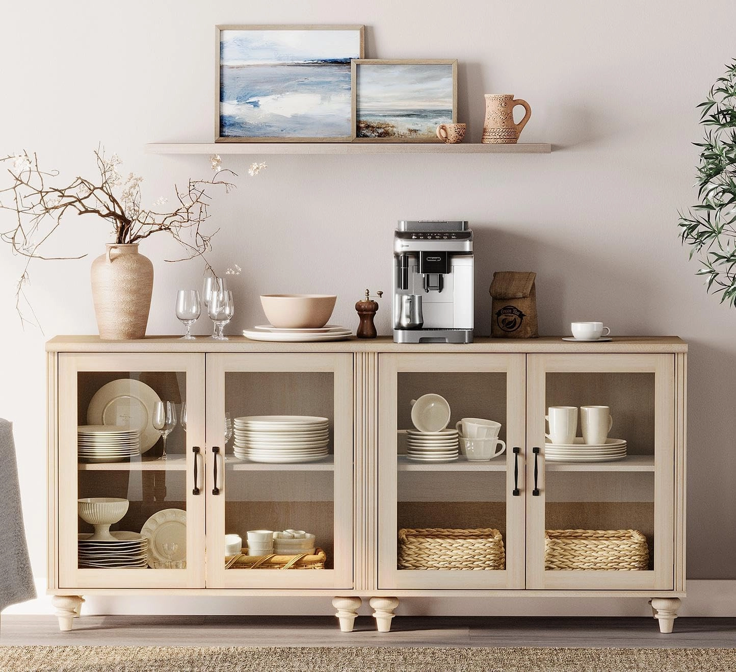 WAMPAT Buffet Cabinet with 4 Glass Doors, Wood Kitchen Storage Cabinets Large Coffee Bar Table with Adjustable Shelf, Modern Farmhouse Sideboard Credenza for Dining Room, Beige, 68 inch