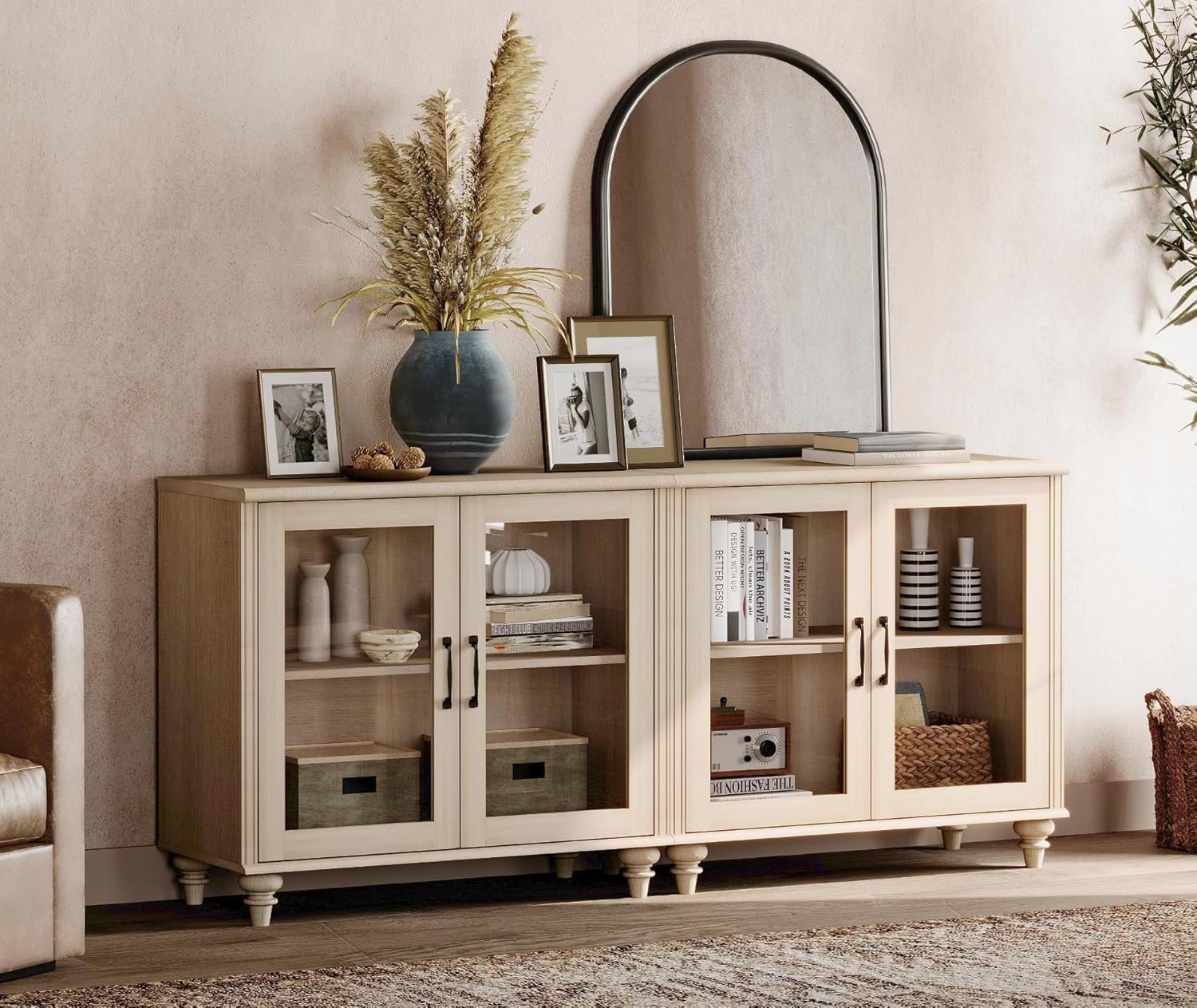 WAMPAT Buffet Cabinet with 4 Glass Doors, Wood Kitchen Storage Cabinets Large Coffee Bar Table with Adjustable Shelf, Modern Farmhouse Sideboard Credenza for Dining Room, Beige, 68 inch