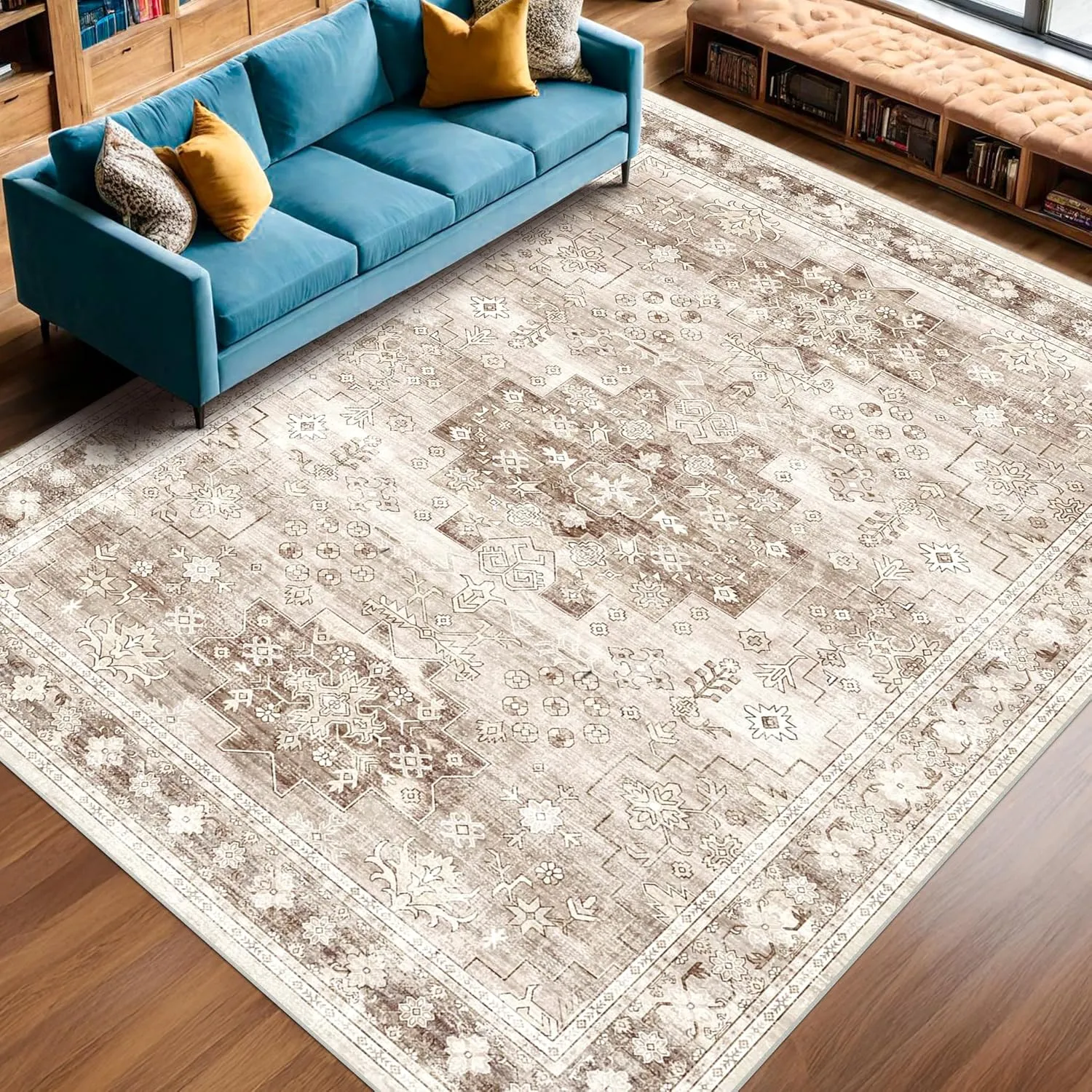 Washable Farmhouse Living Room Rug, 8x10 Area Rugs for Bedroom, Dining Room Under Table Carpet, Kids Room, Large Boho Vintage Non-Slip Floral Rugs Low Pile Stain Resistant (8x10 Beige/Latte)