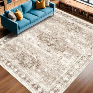 Washable Farmhouse Living Room Rug, 8x10 Area Rugs for Bedroom, Dining Room Under Table Carpet, Kids Room, Large Boho Vintage Non-Slip Floral Rugs Low Pile Stain Resistant (8x10 Beige/Latte)