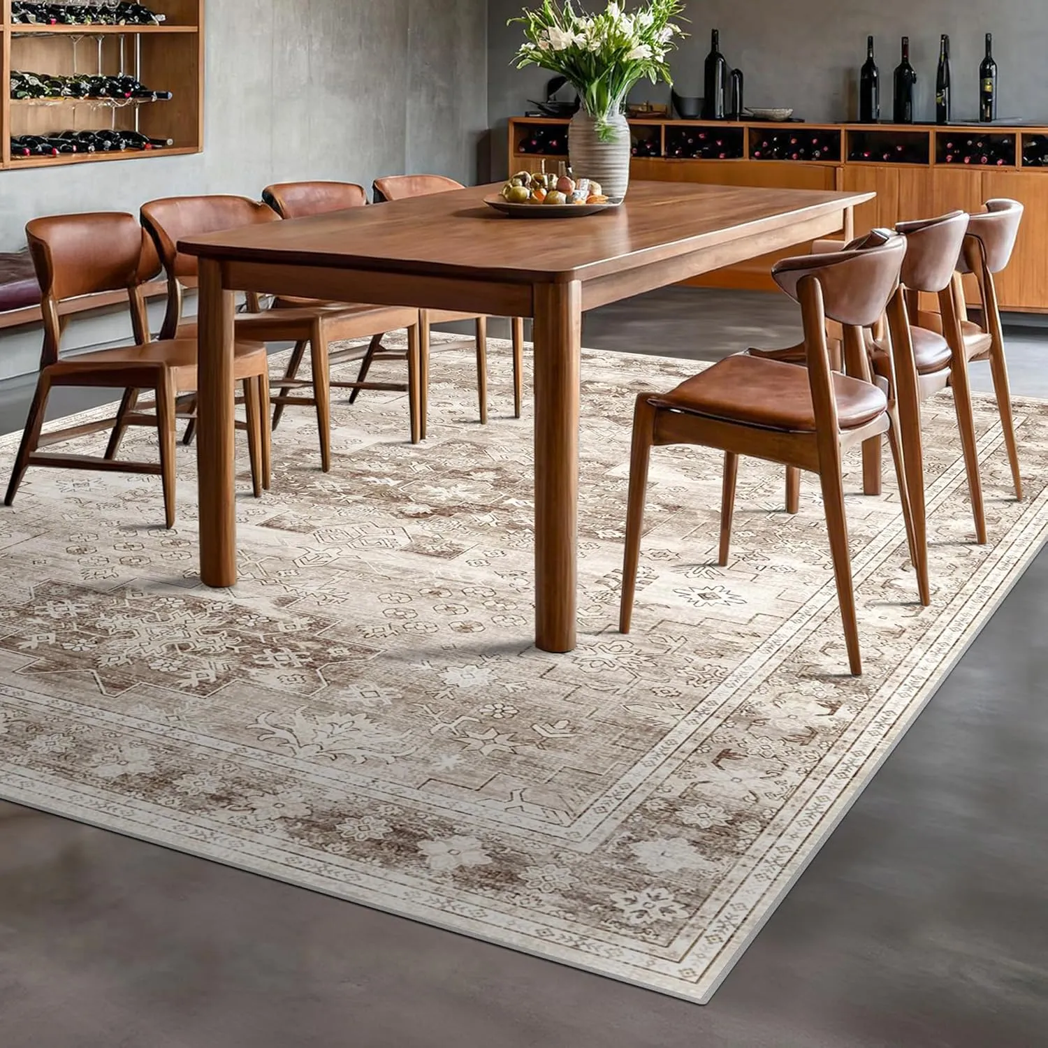 Washable Farmhouse Living Room Rug, 8x10 Area Rugs for Bedroom, Dining Room Under Table Carpet, Kids Room, Large Boho Vintage Non-Slip Floral Rugs Low Pile Stain Resistant (8x10 Beige/Latte)