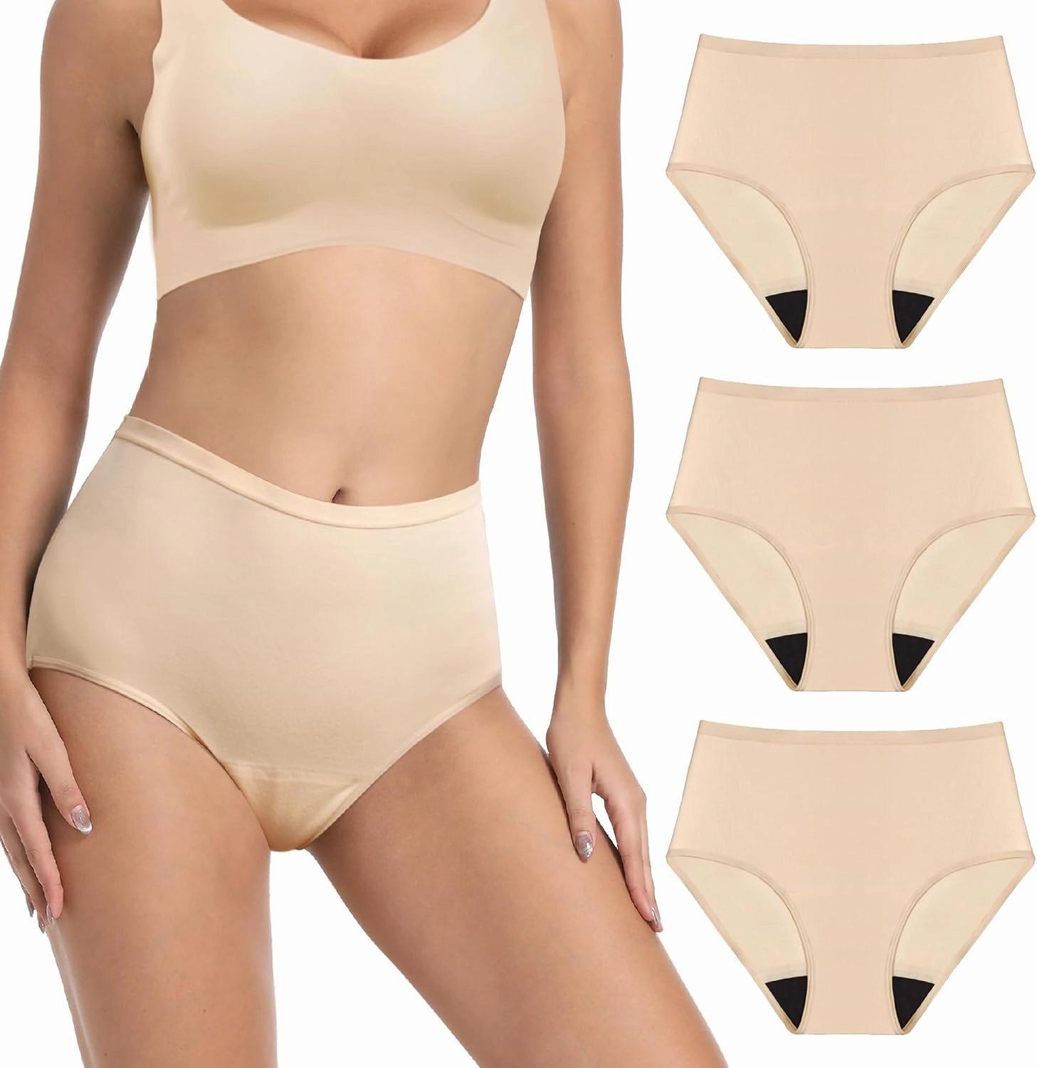 Washable Incontinence Panties for Women Bladder Leak Proof Underwear Light Absorbent Protection Cotton Brief 3 Pack (Beige 3X)