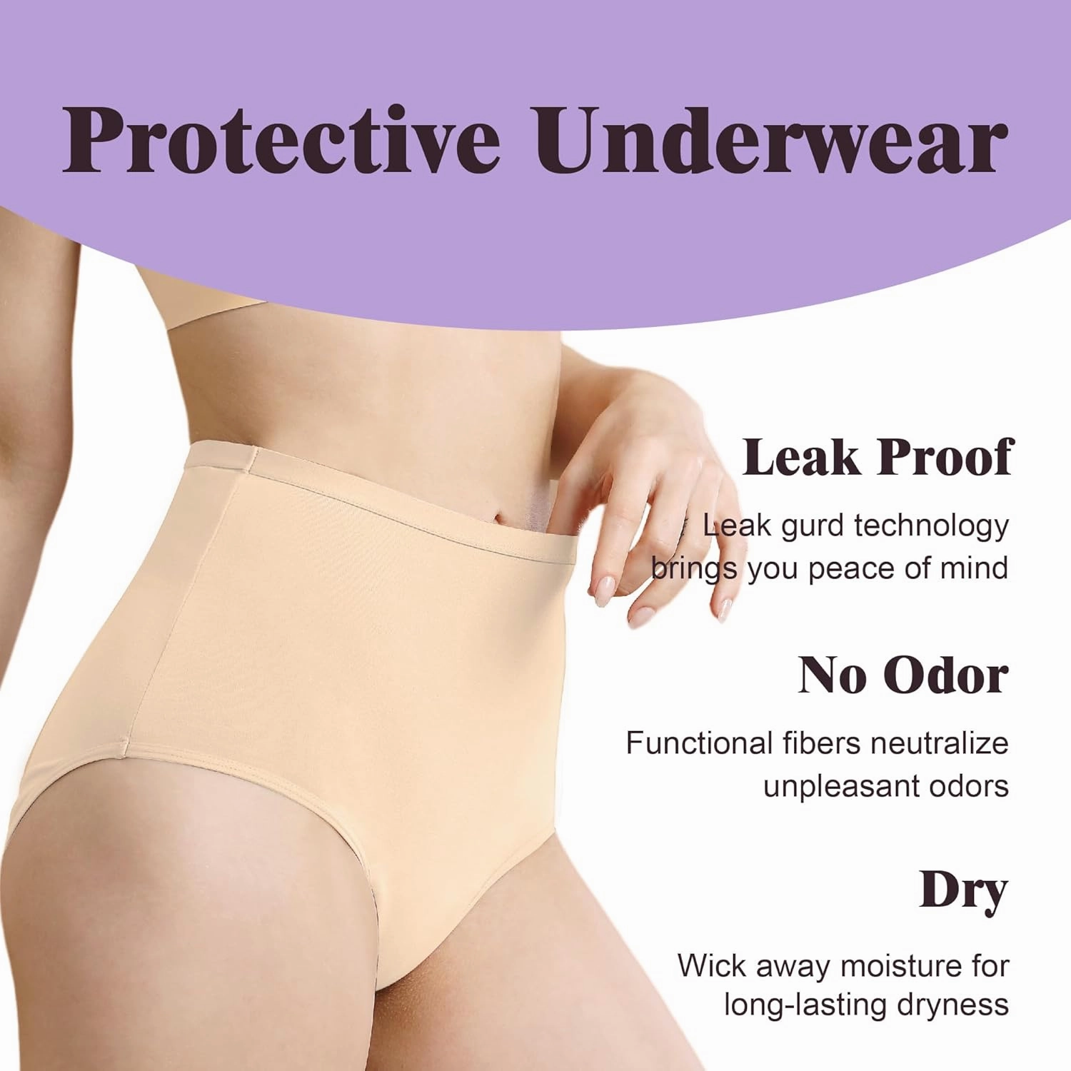 Washable Incontinence Panties for Women Bladder Leak Proof Underwear Light Absorbent Protection Cotton Brief 3 Pack (Beige 3X)