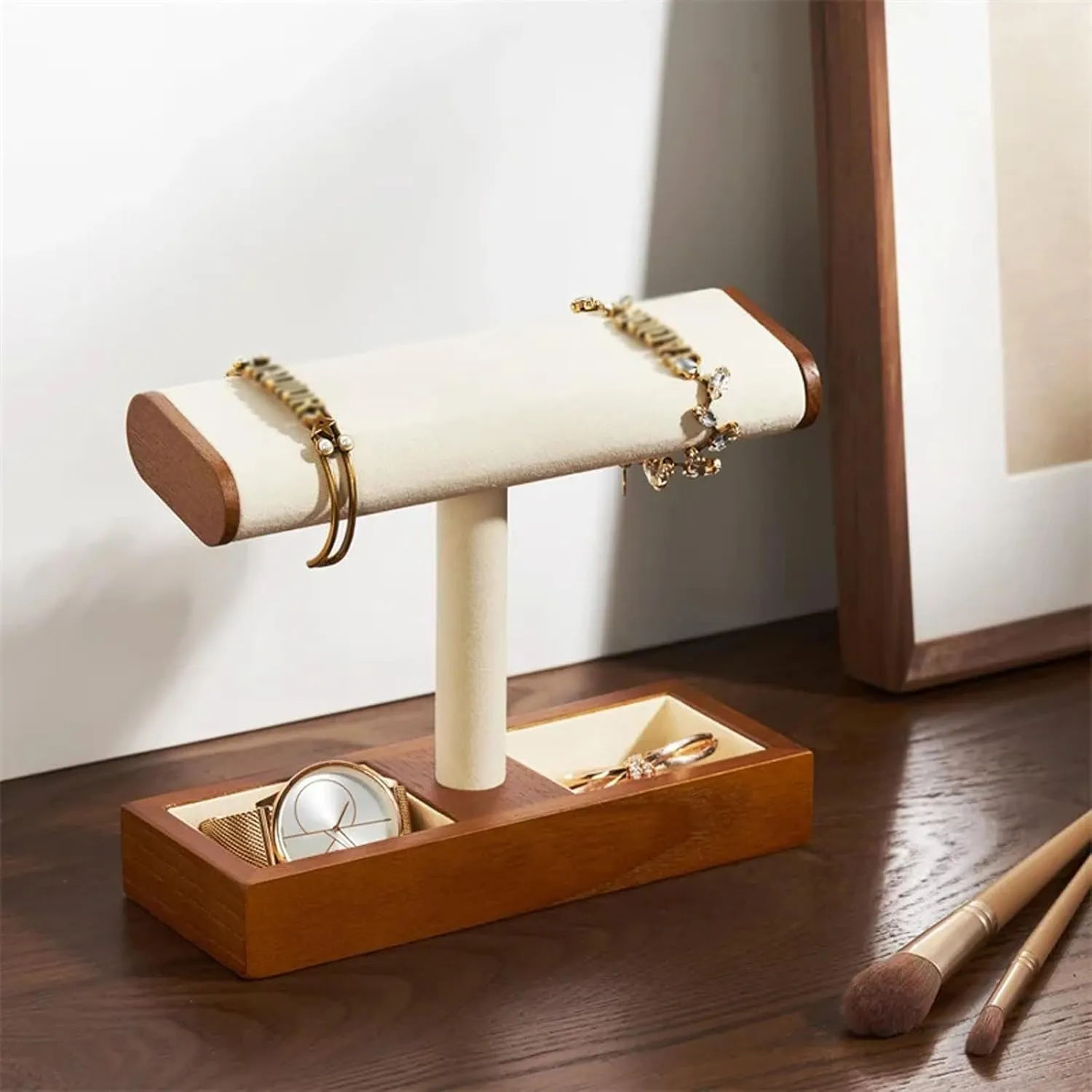 Watch Storage Box, Solid Wood Watch Display Stand Watch Jewelry Storage Rack Stand for Men Women Jewelry Accessory Organizer Holder(Beige-4ty)