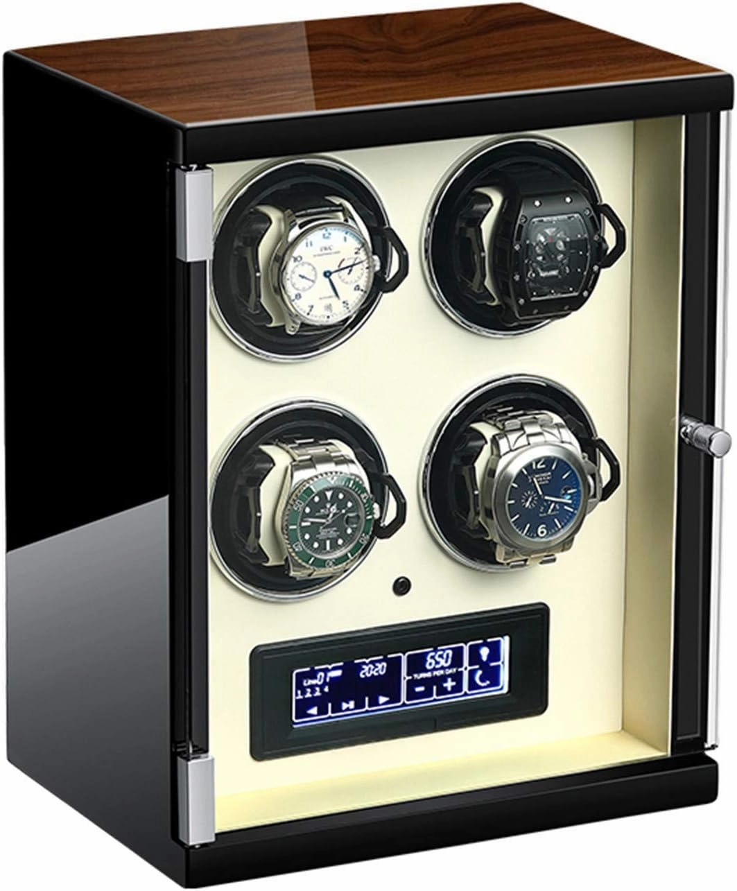 Watch Winder for 4 Automatic Watches 5 Rotation Modes LCD Display Display Control Screen Built-in Led Illuminated Silent Motor Wood Shell Piano Finish Fit Lady and Man Wa