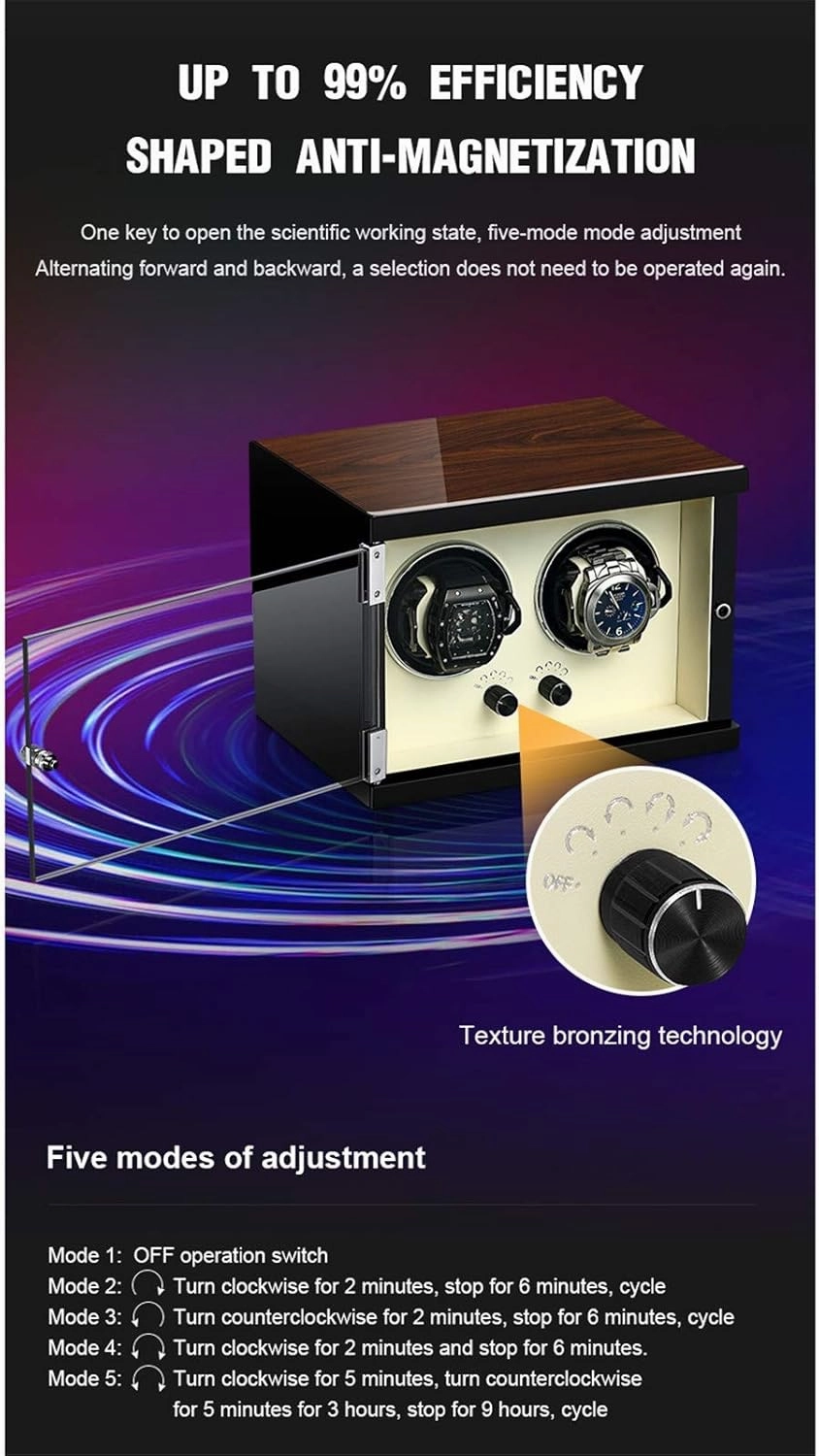 Watch Winder for 4 Automatic Watches Quiet Motor Wood Shell Piano Finish 5 Rotation Mode Setting Wooden Shell with Soft Flexible Watch Pillows Storage Box for Winding,Upgrade