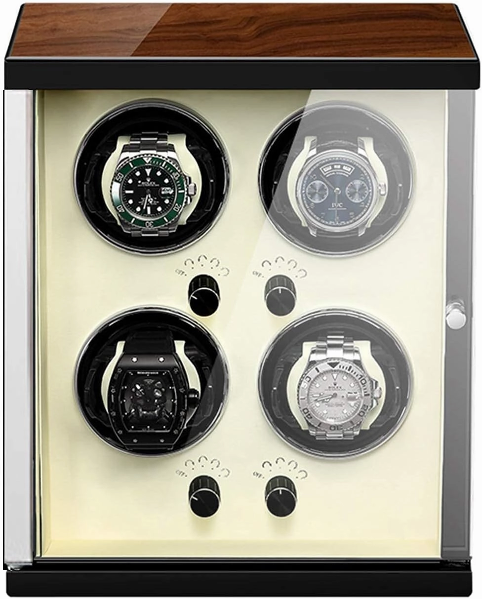 Watch Winder for 4 Automatic Watches Quiet Motor Wood Shell Piano Finish 5 Rotation Mode Setting Wooden Shell with Soft Flexible Watch Pillows Storage Box for Winding,Upgrade
