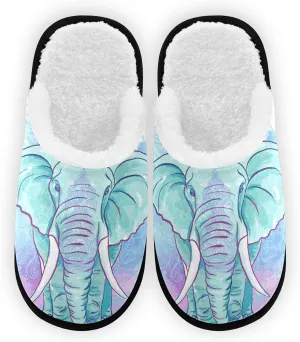 Watercolor Blue Elephant Slippers, Soft Memory Foam Non-Slip Indoor House Slippers Home Shoes for Bedroom Hotel Travel Spa