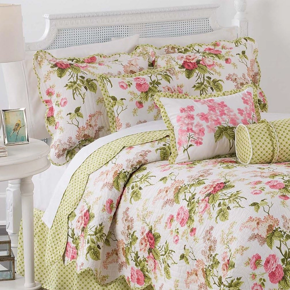 Waverly Emmas Garden Modern Farmhouse Floral 4-Piece Reversible Quilt Bedspread Set, Queen, Blossom