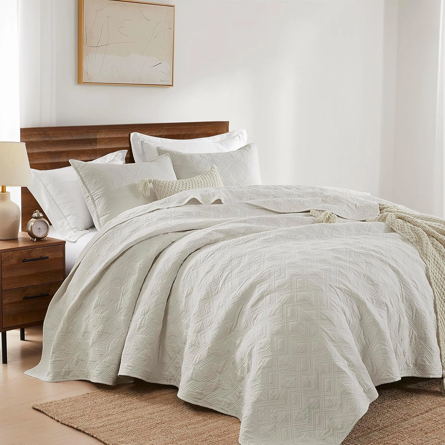 WDCOZY Beige 100% Cotton Oversized California King Size Quilt Bedding Sets with 2 Pillow Shams, Shabby Chic Rustic Textured Gauze Lightweight Country Soft Bedspread Coverlet for All Season