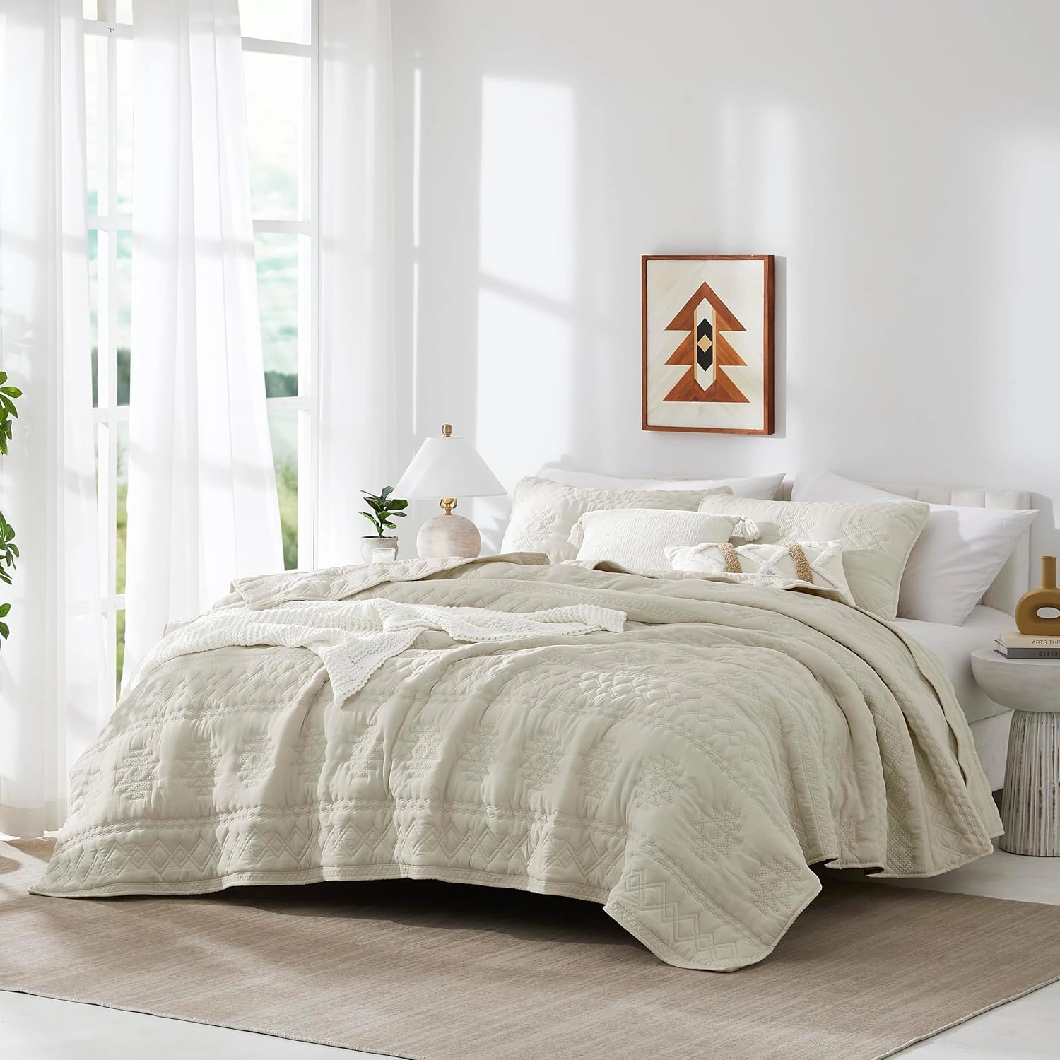 WDCOZY Beige Boho Quilt King Size Bedding Set with 2 Pillow Shams, Farmhouse Lightweight Soft Bedspread Coverlet for All Season, 3 Pieces, 104x90 inches