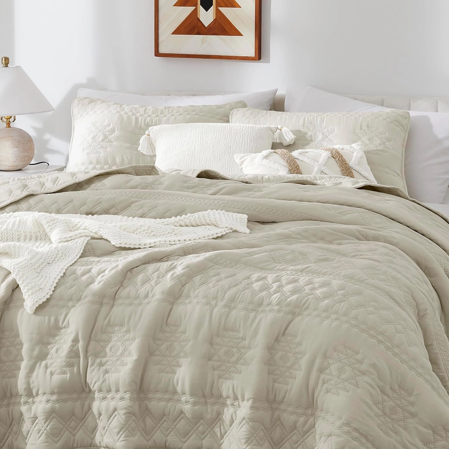 WDCOZY Beige Boho Quilt King Size Bedding Set with 2 Pillow Shams, Farmhouse Lightweight Soft Bedspread Coverlet for All Season, 3 Pieces, 104x90 inches