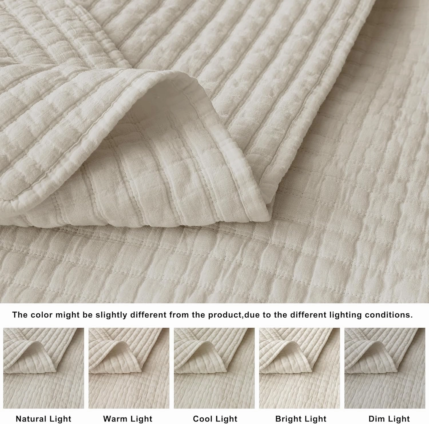 WDCOZY Beige King Size Quilt Set, Muslin Cotton Shell Down-Alt Poly Filling, Neutral Shabby Chic Rustic Farmhouse Country Bedspread, Textured Gauze Coverlet, Soft Lightweight Bedding, 2 Shams
