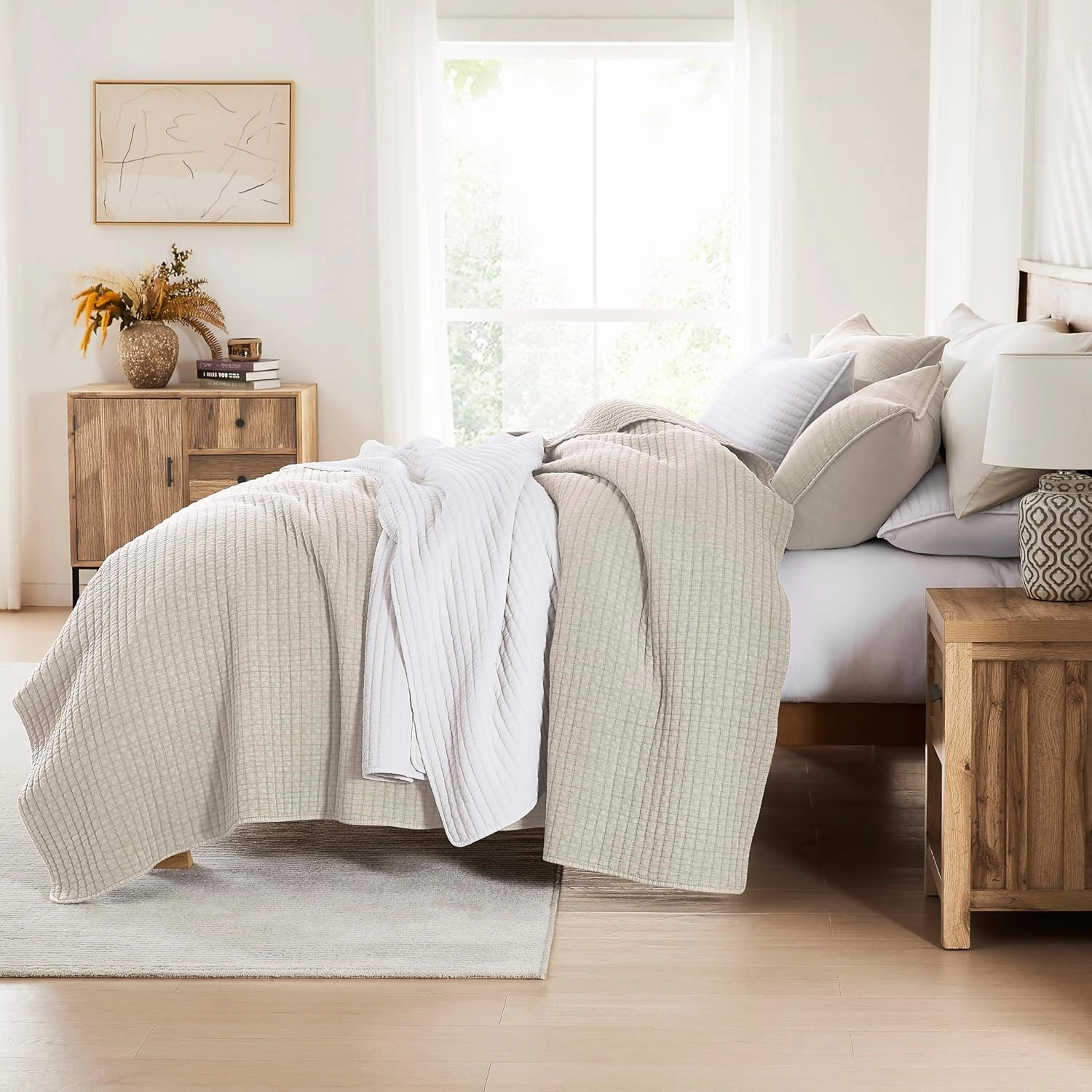 WDCOZY Beige King Size Quilt Set, Muslin Cotton Shell Down-Alt Poly Filling, Neutral Shabby Chic Rustic Farmhouse Country Bedspread, Textured Gauze Coverlet, Soft Lightweight Bedding, 2 Shams