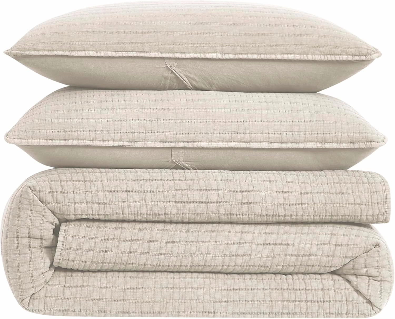 WDCOZY Beige King Size Quilt Set, Muslin Cotton Shell Down-Alt Poly Filling, Neutral Shabby Chic Rustic Farmhouse Country Bedspread, Textured Gauze Coverlet, Soft Lightweight Bedding, 2 Shams
