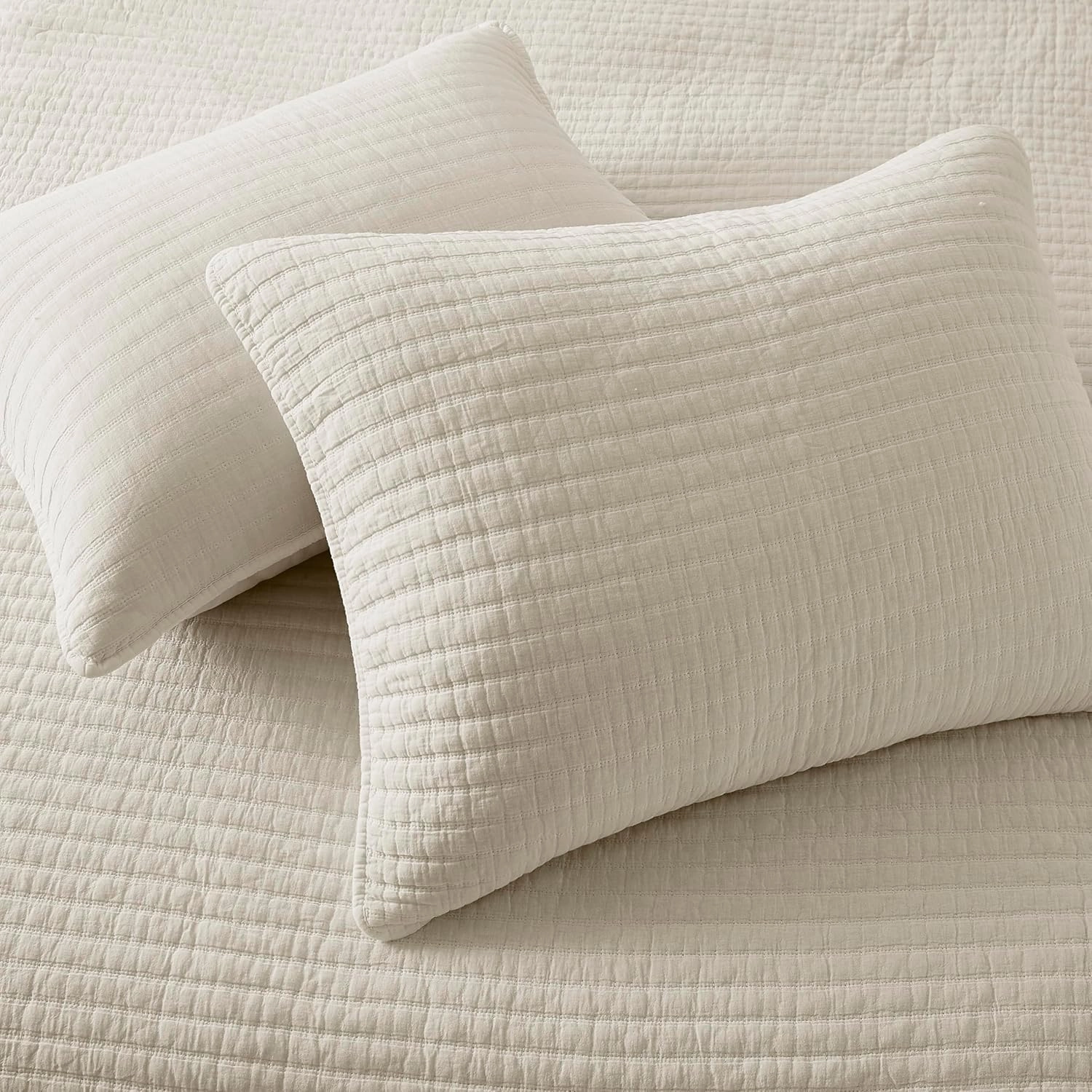 WDCOZY Beige King Size Quilt Set, Muslin Cotton Shell Down-Alt Poly Filling, Neutral Shabby Chic Rustic Farmhouse Country Bedspread, Textured Gauze Coverlet, Soft Lightweight Bedding, 2 Shams