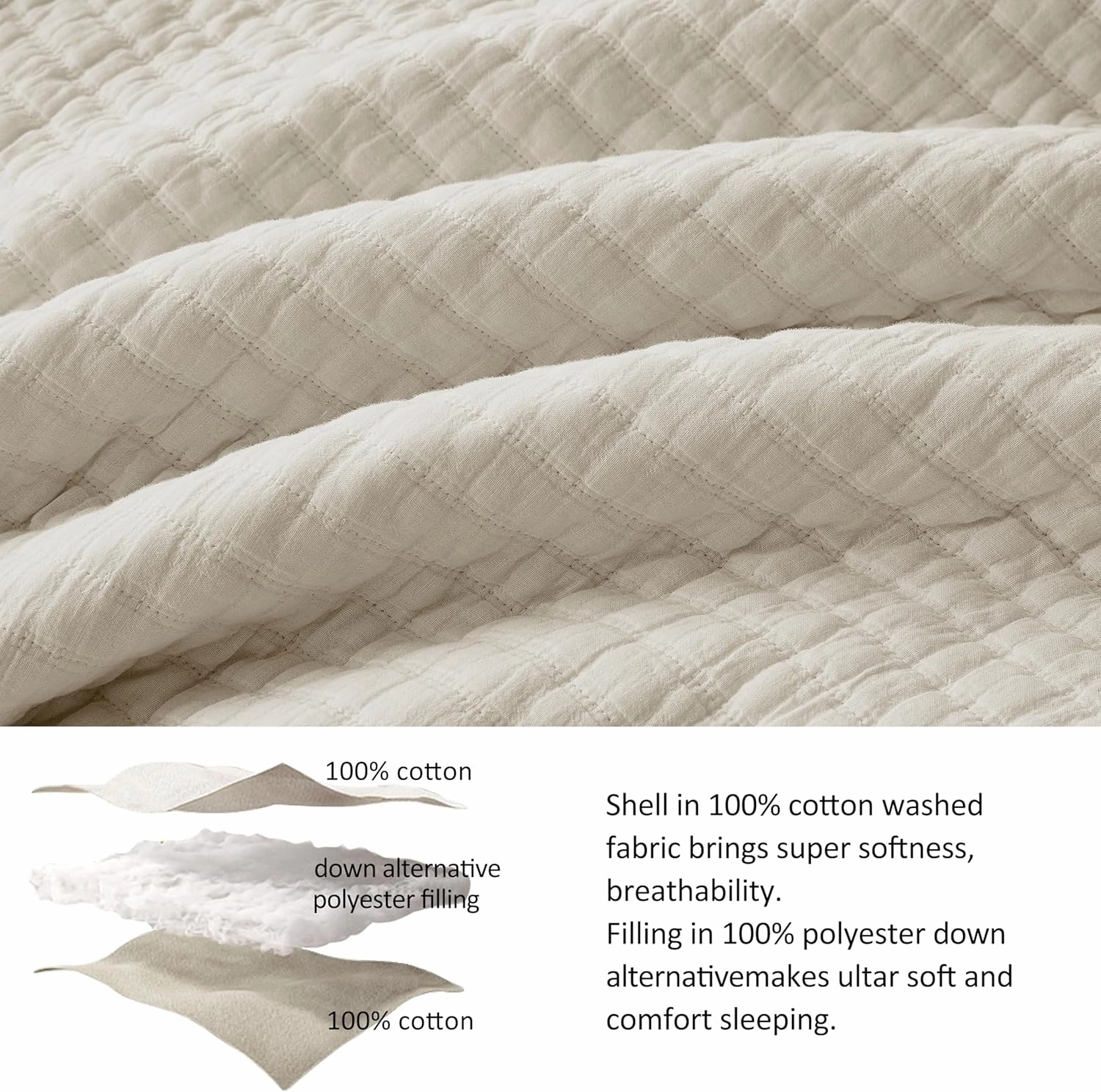 WDCOZY Beige King Size Quilt Set, Muslin Cotton Shell Down-Alt Poly Filling, Neutral Shabby Chic Rustic Farmhouse Country Bedspread, Textured Gauze Coverlet, Soft Lightweight Bedding, 2 Shams