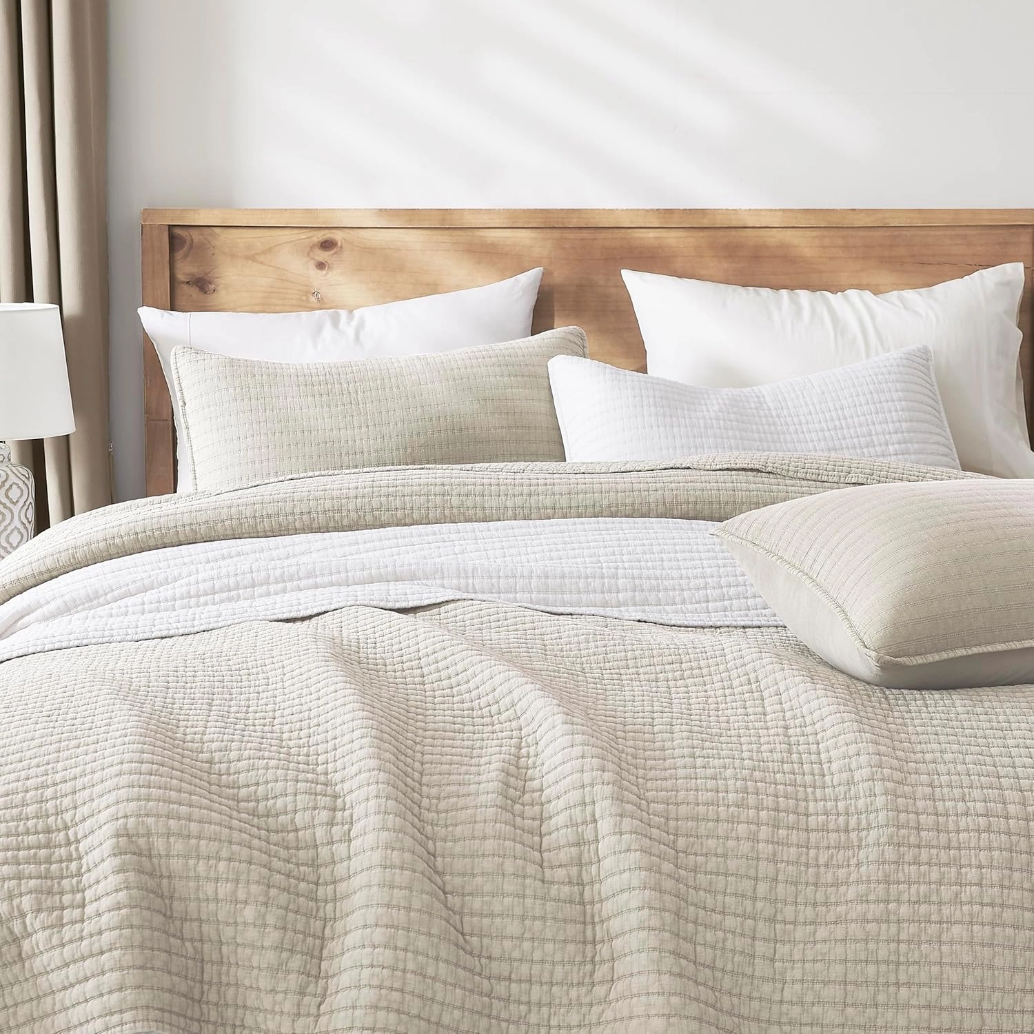 WDCOZY Beige King Size Quilt Set, Muslin Cotton Shell Down-Alt Poly Filling, Neutral Shabby Chic Rustic Farmhouse Country Bedspread, Textured Gauze Coverlet, Soft Lightweight Bedding, 2 Shams