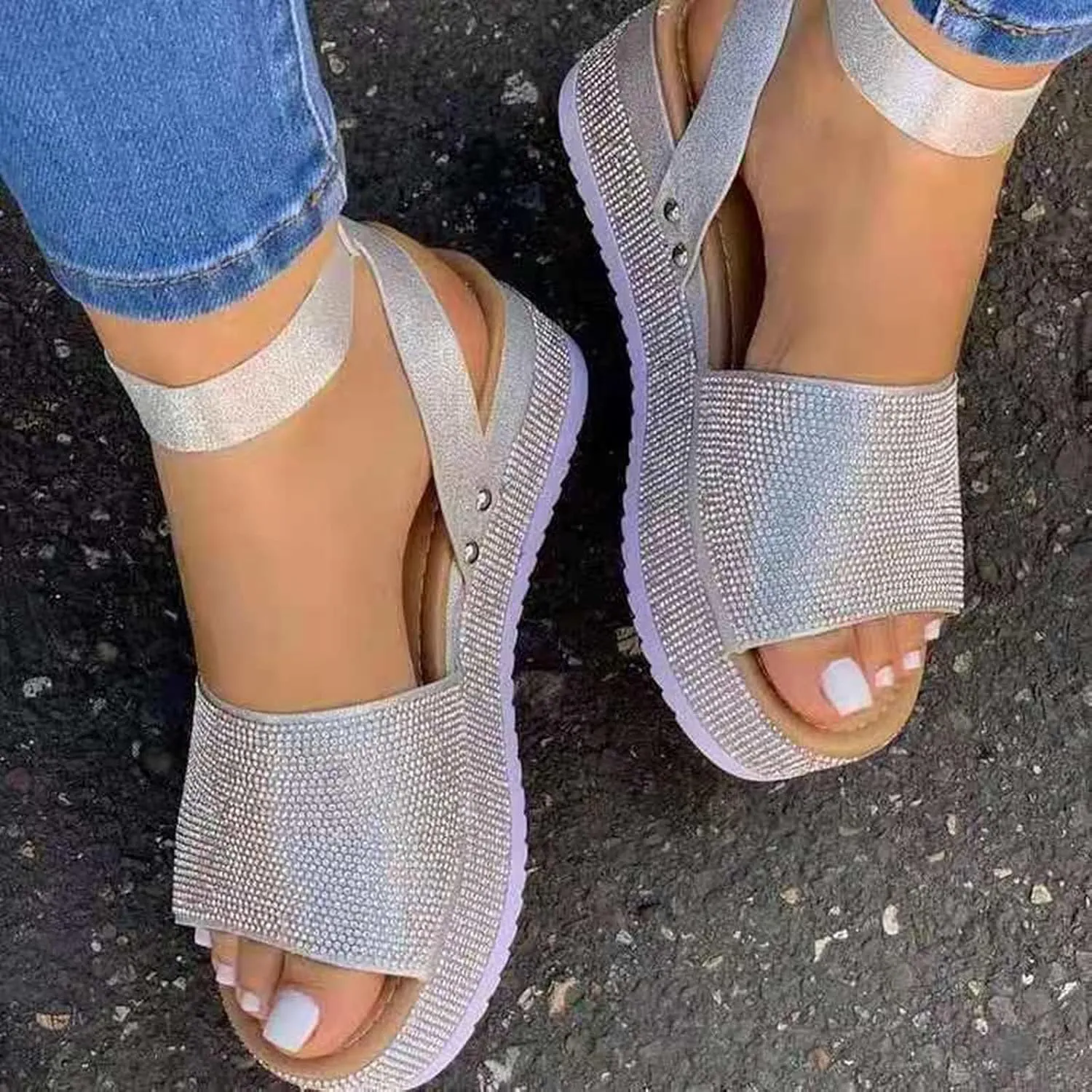Wedge Sandals for Women Rhinestone Glitter Platform Sandal Fashion Boho Crystal Wedges, Open Toe Ankle Strap Dress Sandals Casual Beach Banquet Flat Shoes All Day Comfort