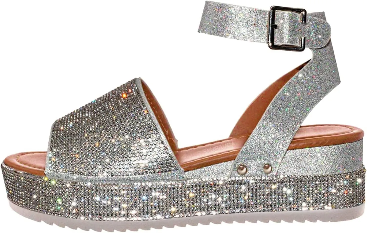 Wedge Sandals for Women Rhinestone Glitter Platform Sandal Fashion Boho Crystal Wedges, Open Toe Ankle Strap Dress Sandals Casual Beach Banquet Flat Shoes All Day Comfort
