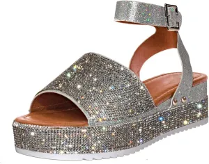 Wedge Sandals for Women Rhinestone Glitter Platform Sandal Fashion Boho Crystal Wedges, Open Toe Ankle Strap Dress Sandals Casual Beach Banquet Flat Shoes All Day Comfort