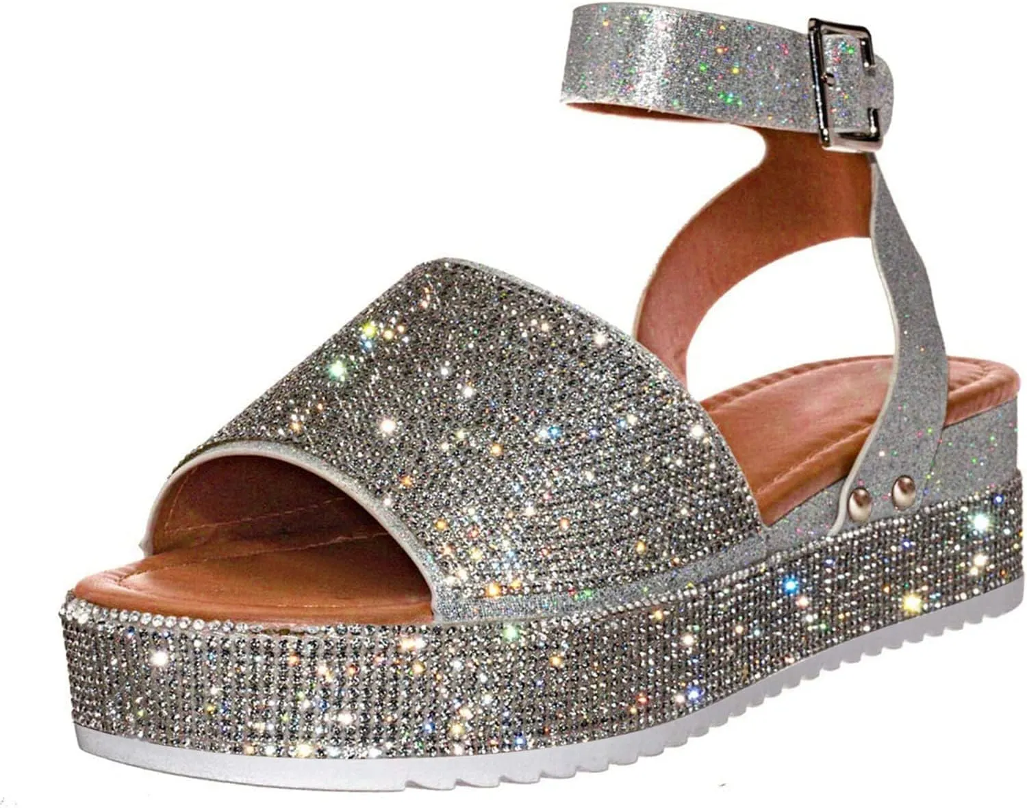 Wedge Sandals for Women Rhinestone Glitter Platform Sandal Fashion Boho Crystal Wedges, Open Toe Ankle Strap Dress Sandals Casual Beach Banquet Flat Shoes All Day Comfort